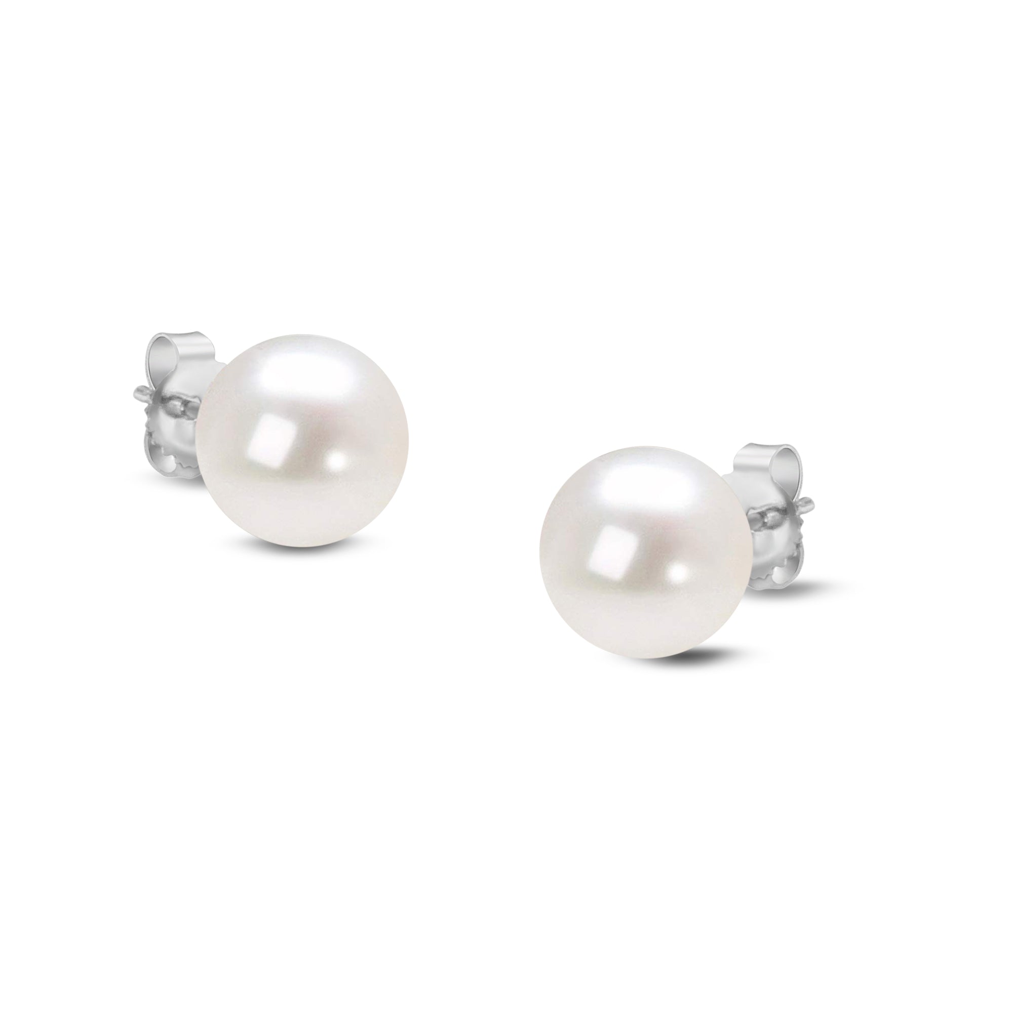 14K White Gold Round White 8.0-8.5Mm Freshwater Akoya Cultured Pearl Stud Earrings Aaa+ Quality