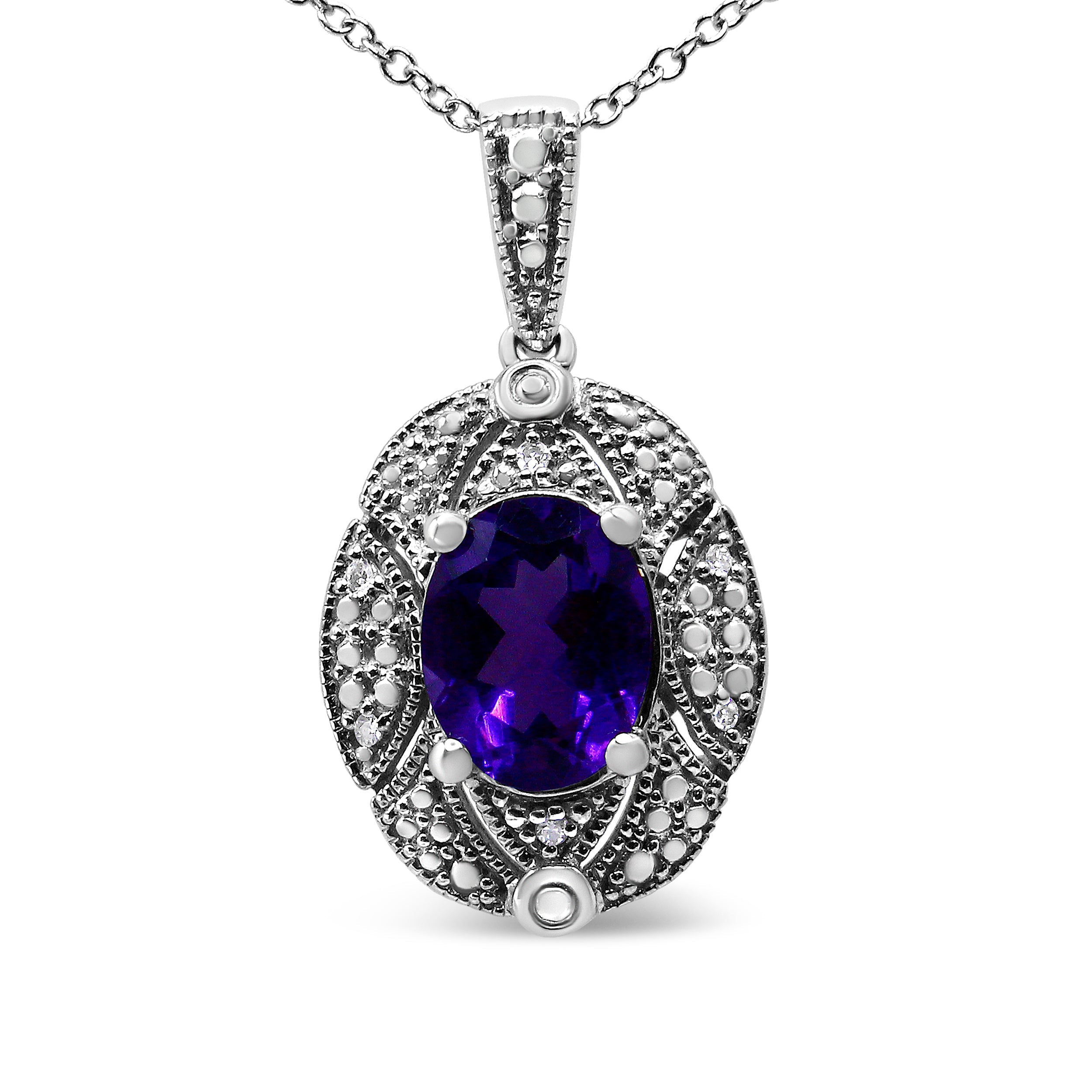.925 Sterling Silver Diamond Accent And 9X7mm Purple Oval Amethyst Gemstone Pendant 18" Necklace (I-J Color, I1-I2 Clarity)