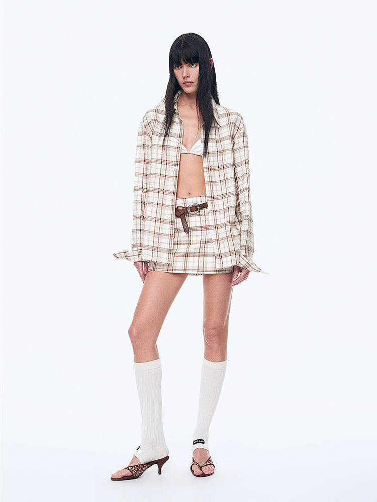 Vintage Linen Shirt Skirt Two-Piece Spring"Plaid Sketch"-0