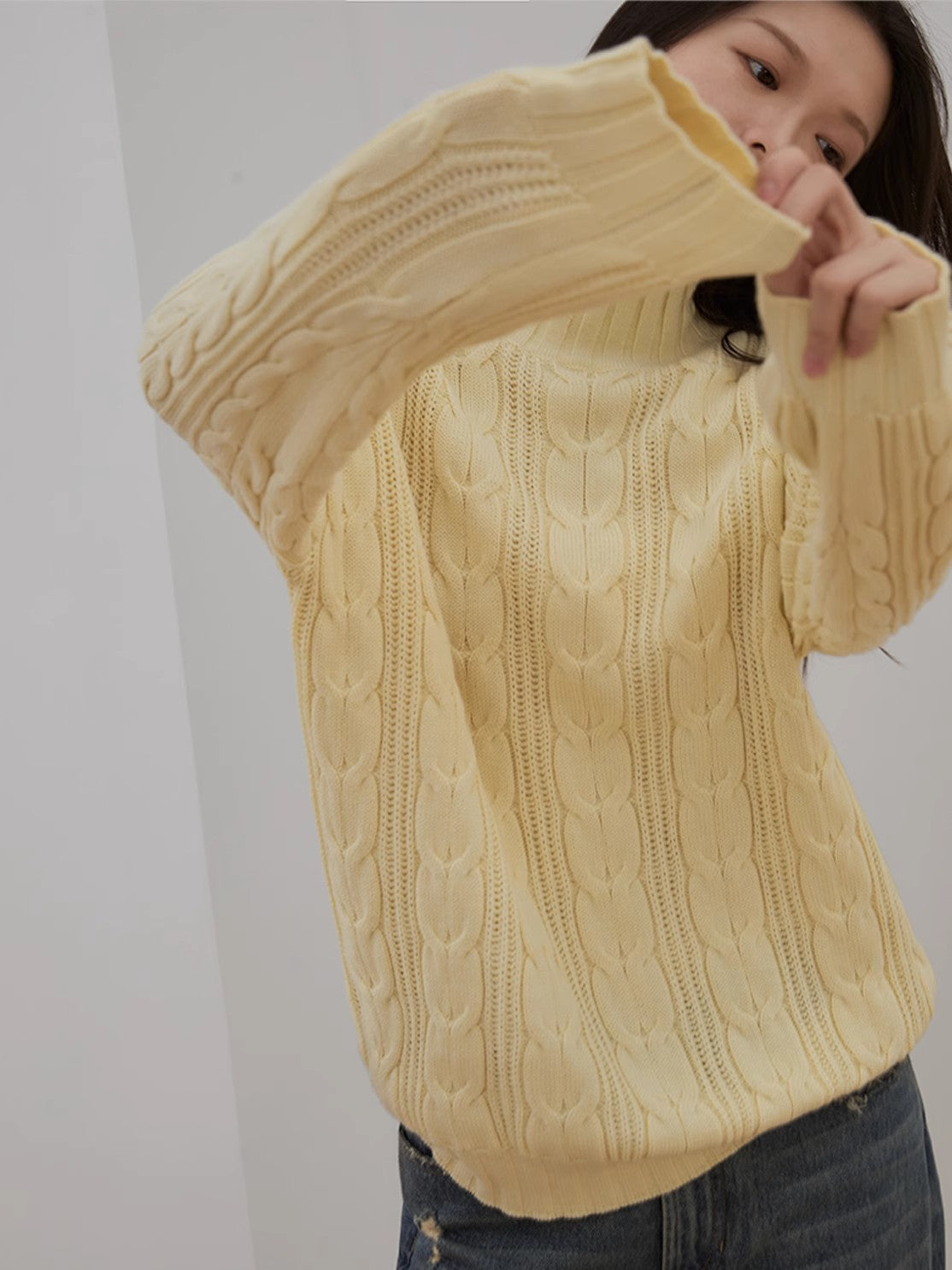 Women’s Merino Wool Twisted Oversized Sweaters Turtleneck Long Sleeve Top,“Autumn Moon Star Sea”-4