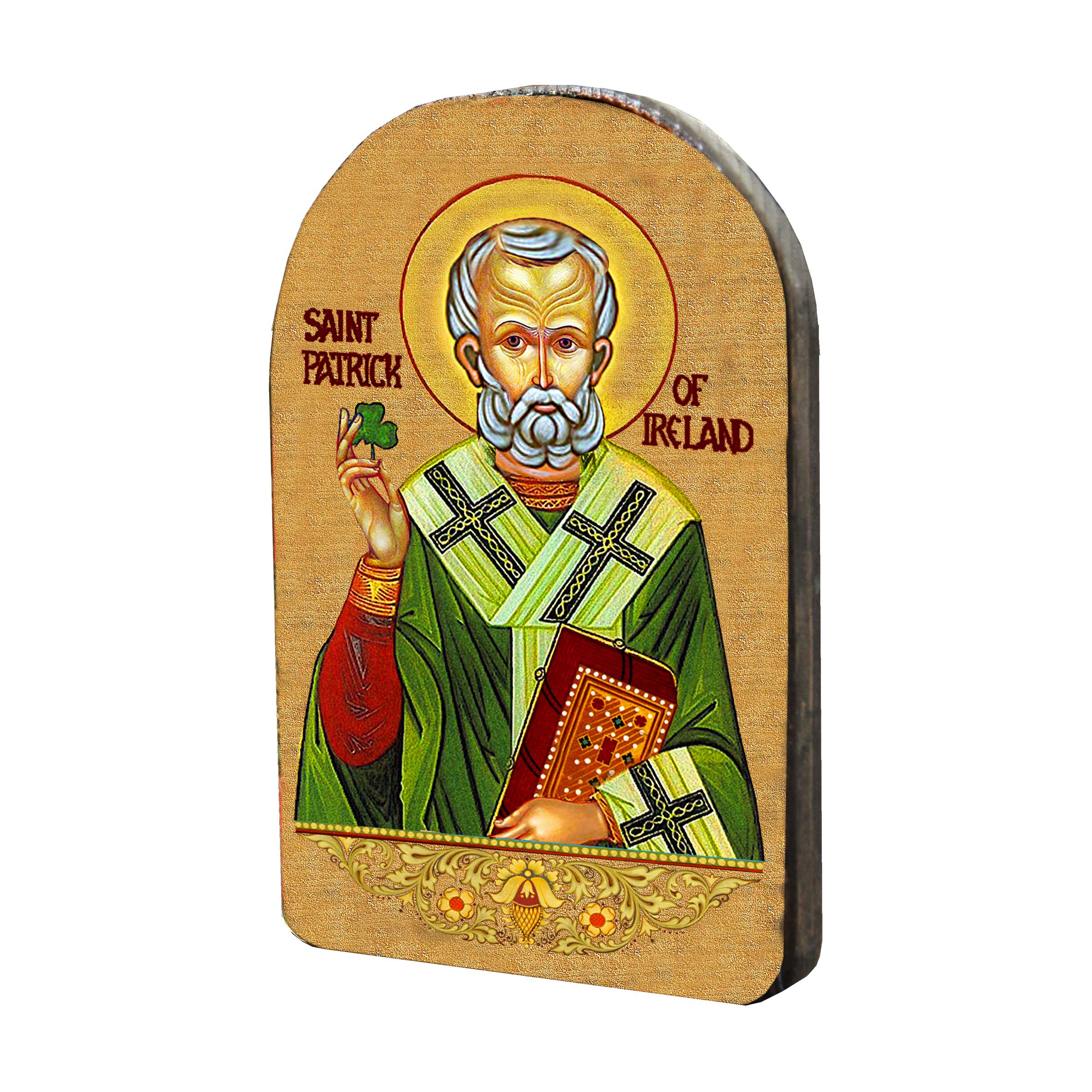 Saint Patrick Wooden Gold Plated Religious Celtic Sacred Icon - Inspirational Icon Decor - 86060