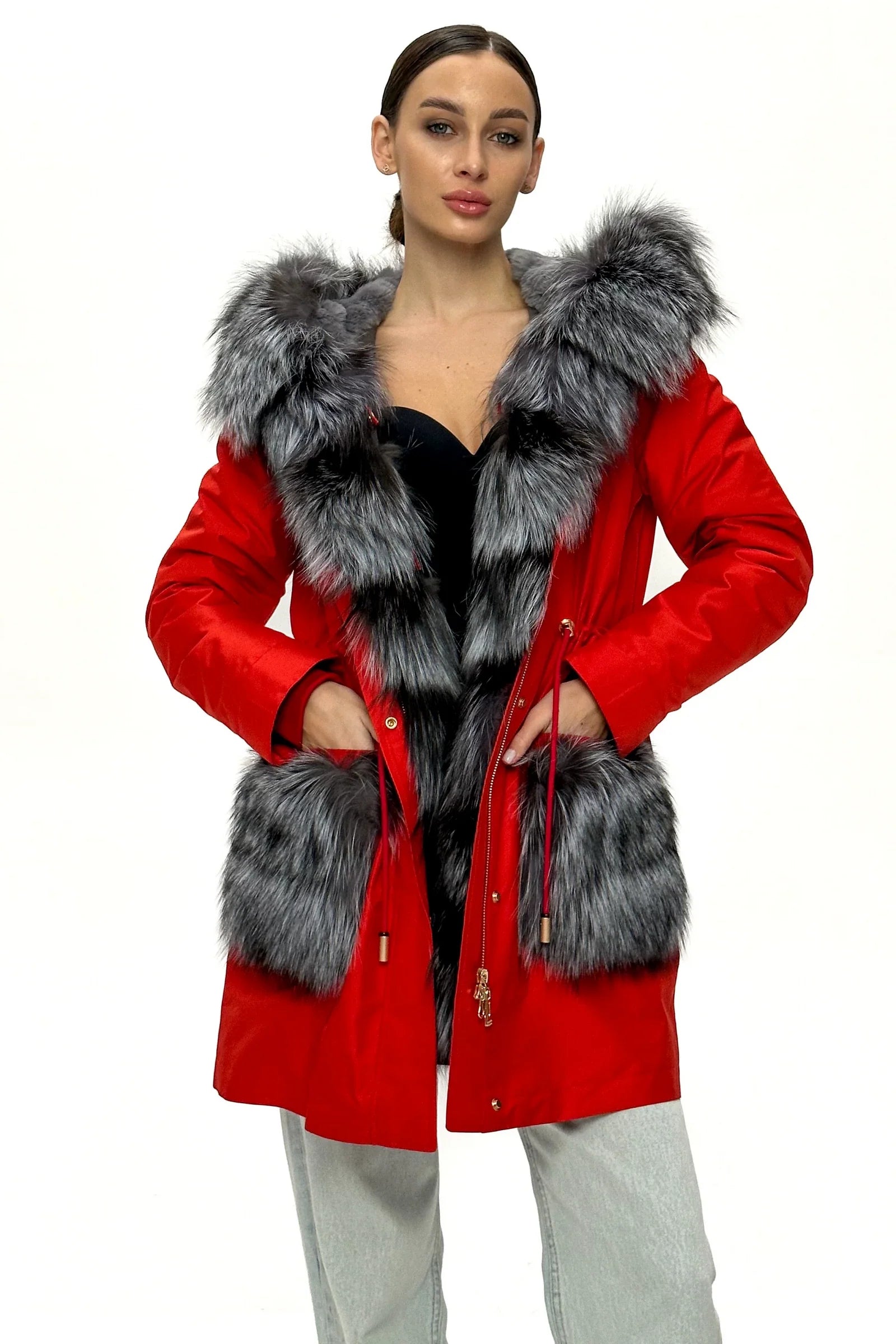 Roma Genuine Silver Fox Fur Rabbit Fur Insulated Parka in Red