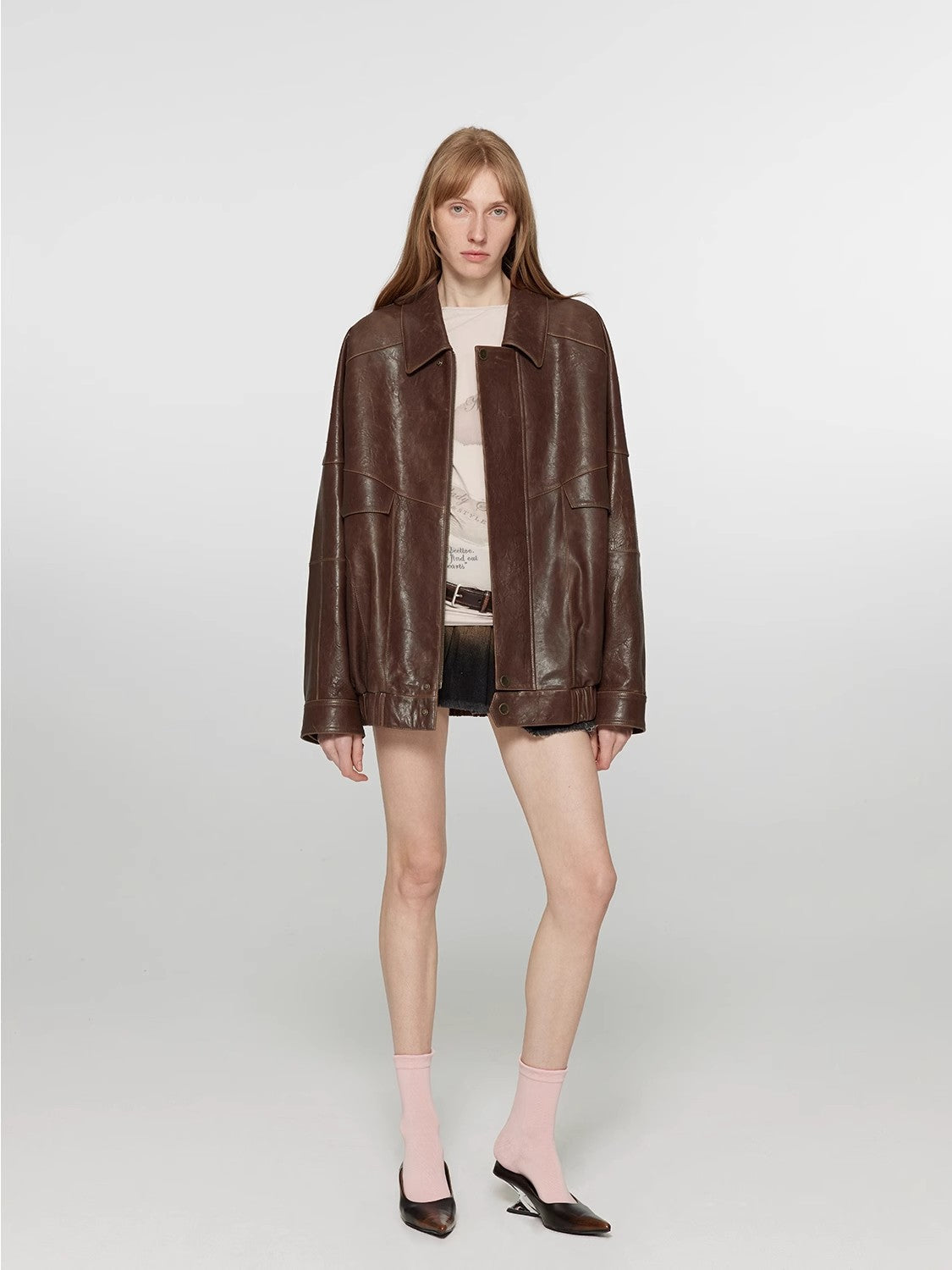 Vintage distressed waxed sheepskin silhouette lapel leather jacket “Rebel”-2
