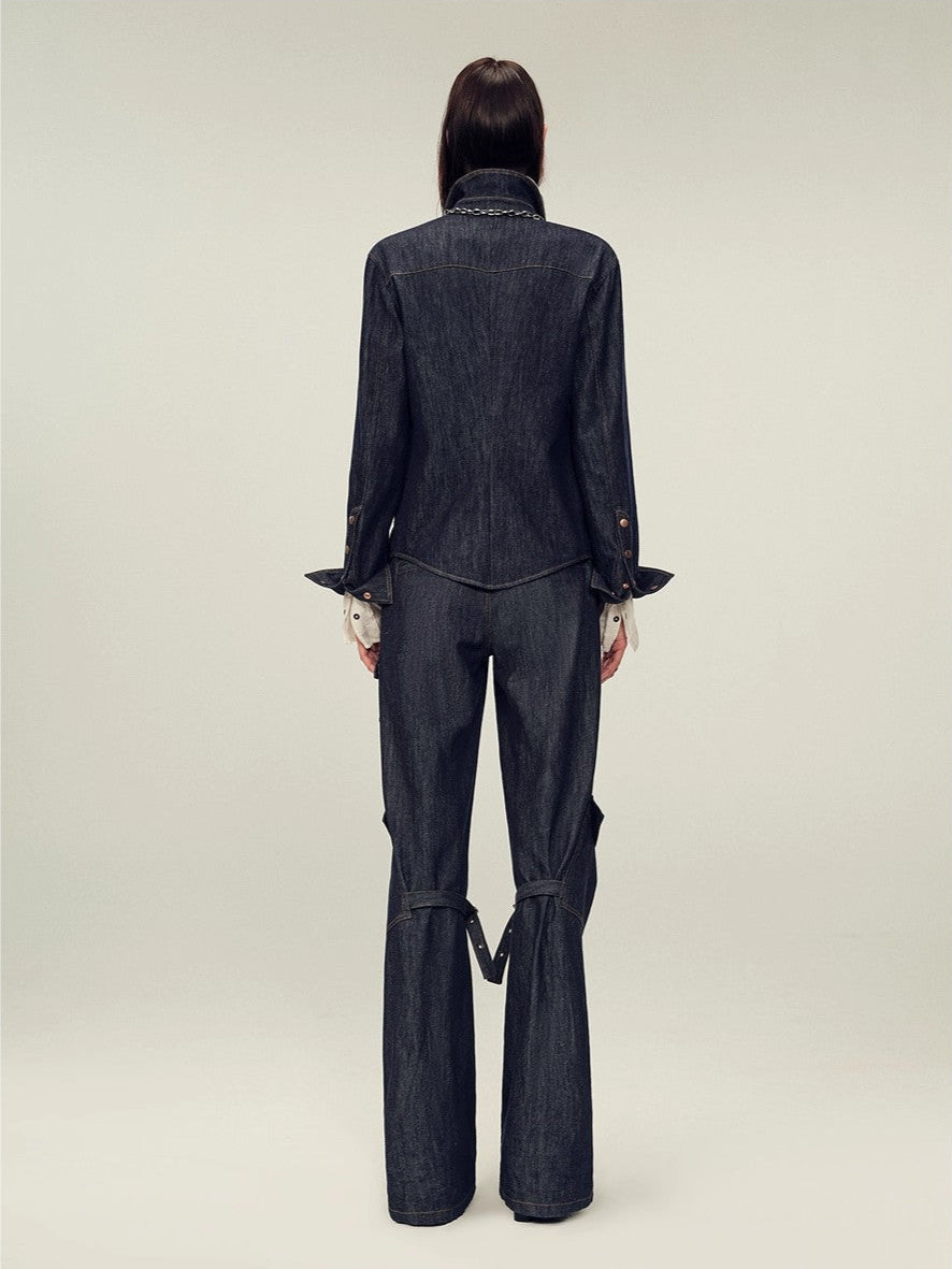 Vintage raw cotton and linen custom red copper rivet lapel pleated waist slim shirt "Daydream Blue"-4