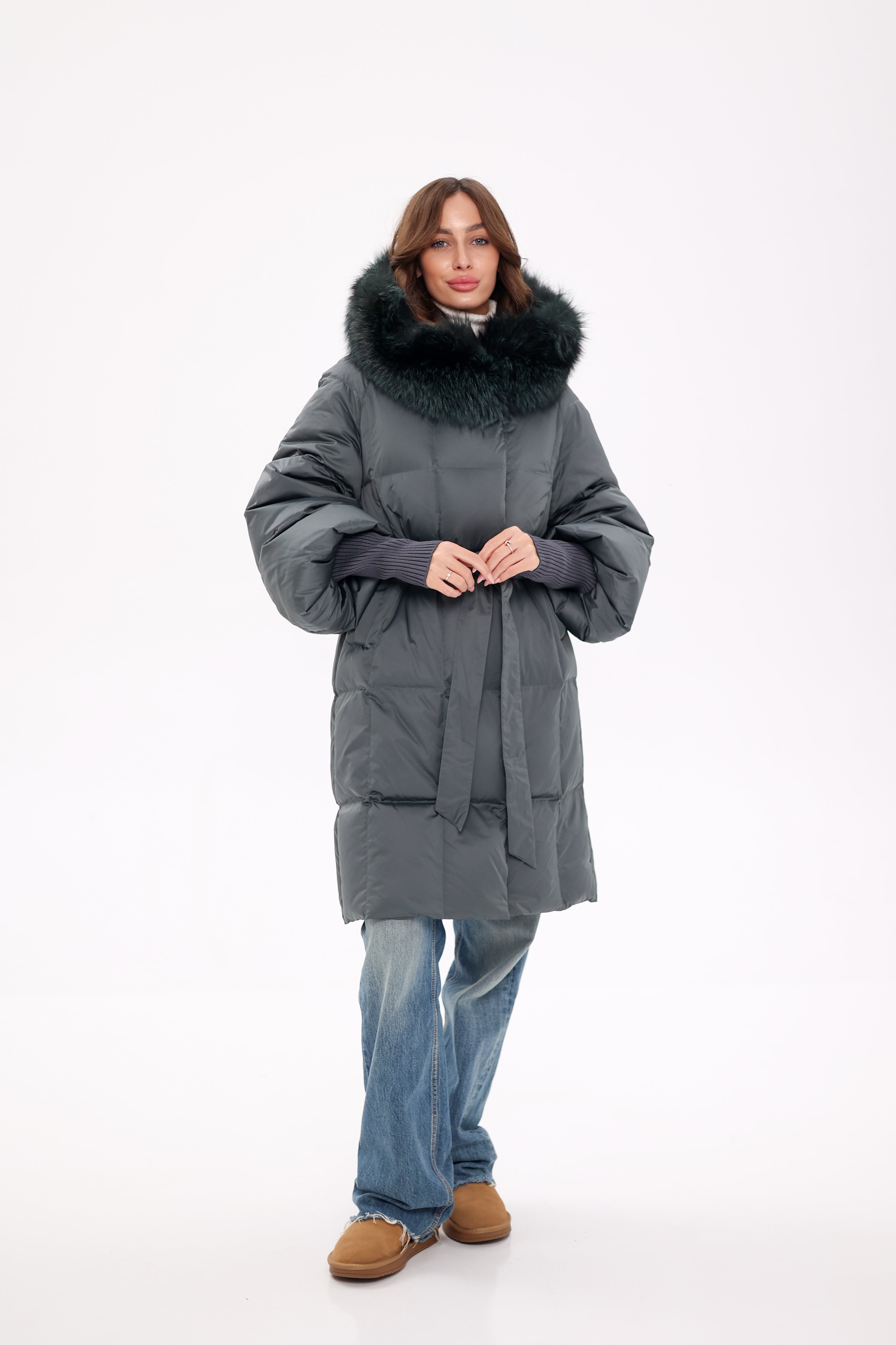 Genuine Silver Fox Fur Trim Down Coat in Forest Slate
