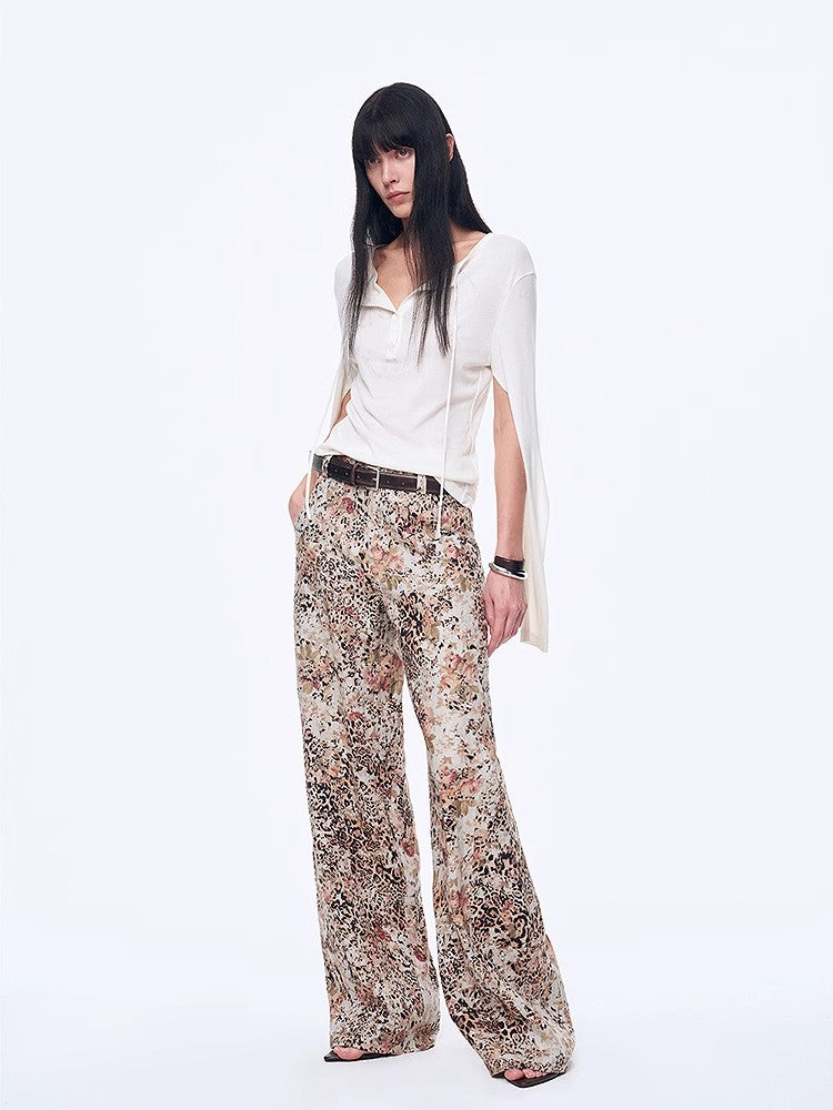 Vintage Print Linen Blend Cut Scimitar Wide Leg Casual Pants"Slow Paris"-0