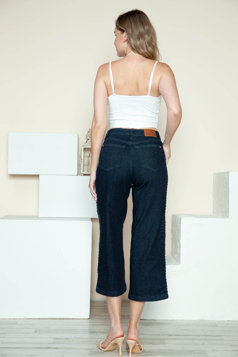 Judy Blue Full Size Side Seam Braid Detail Crop Wide Leg Women Jeans