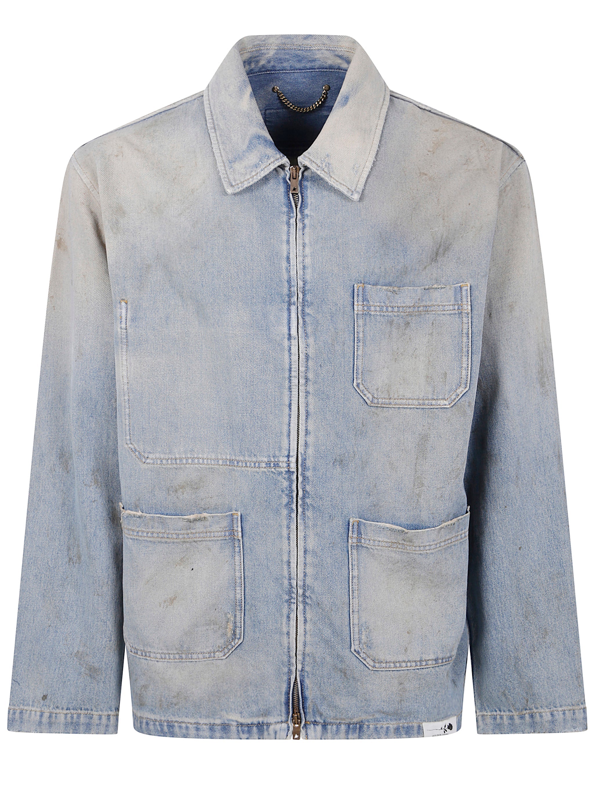 Golden Goose Men "Journey" Man`S Mackenzie Work Jacket Full Zip Cotton Denim Officina Wash