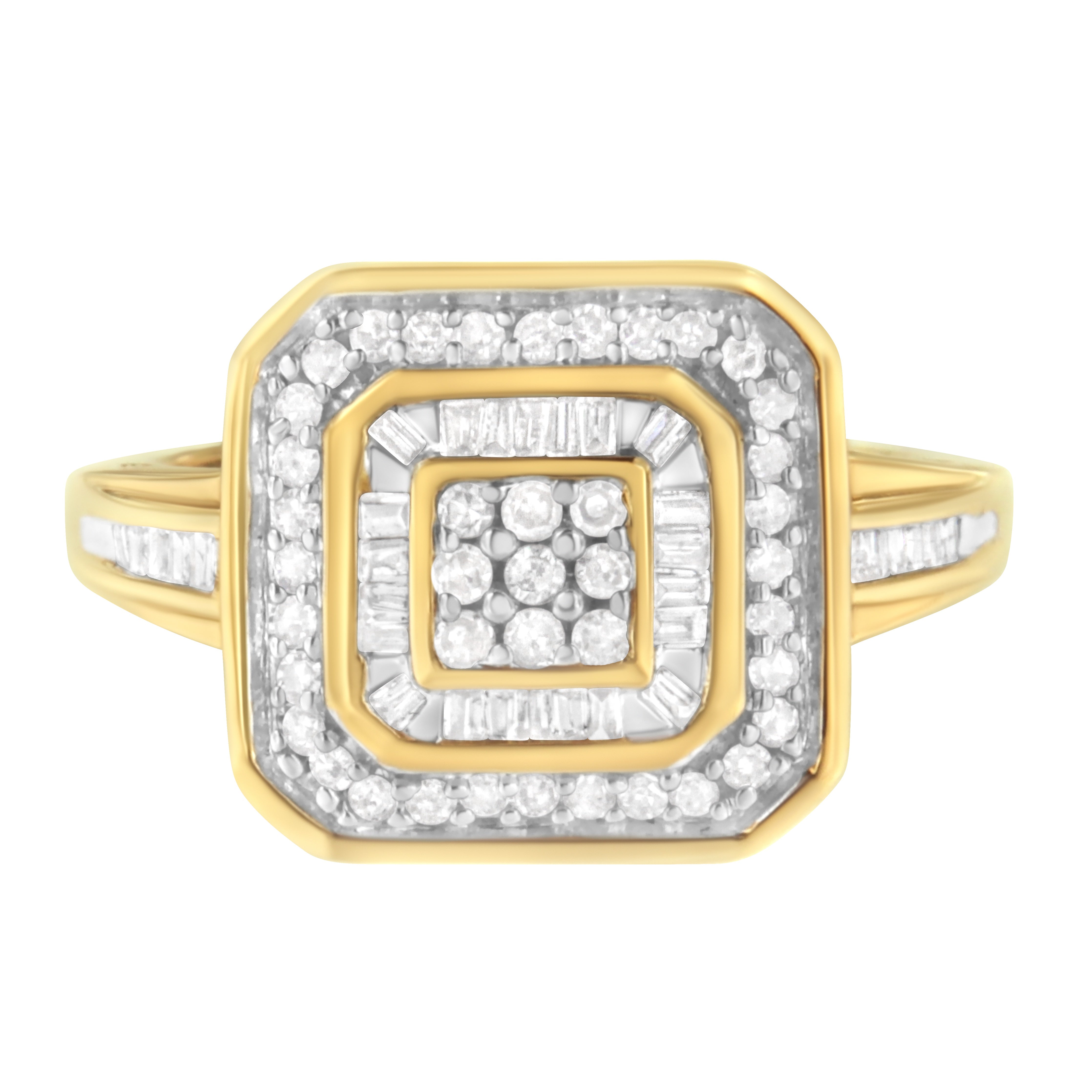 10K Yellow Gold 1/2 Cttw Round & Baguette-Cut Diamond Vintage-Inspired Square Cluster Framed Double Halo Cocktail Fashion Ring (H-J Color, Si2-I1 Clarity) - Size 7.25