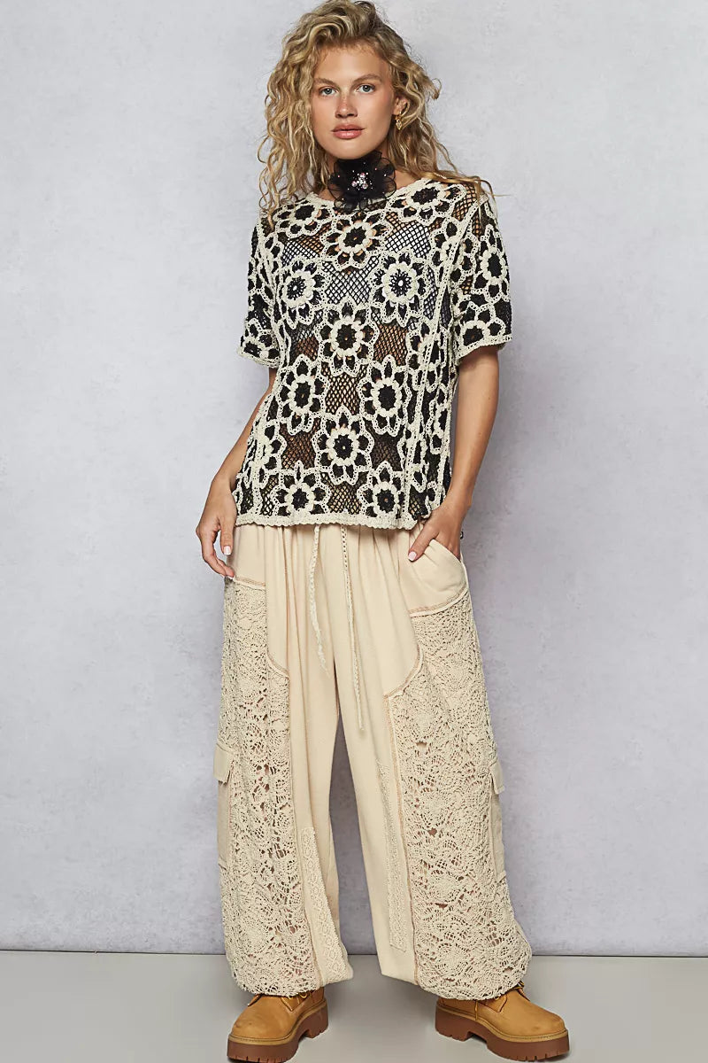 POL Openwork Short Sleeve Crochet Knit Top with Weave Knit Patterns