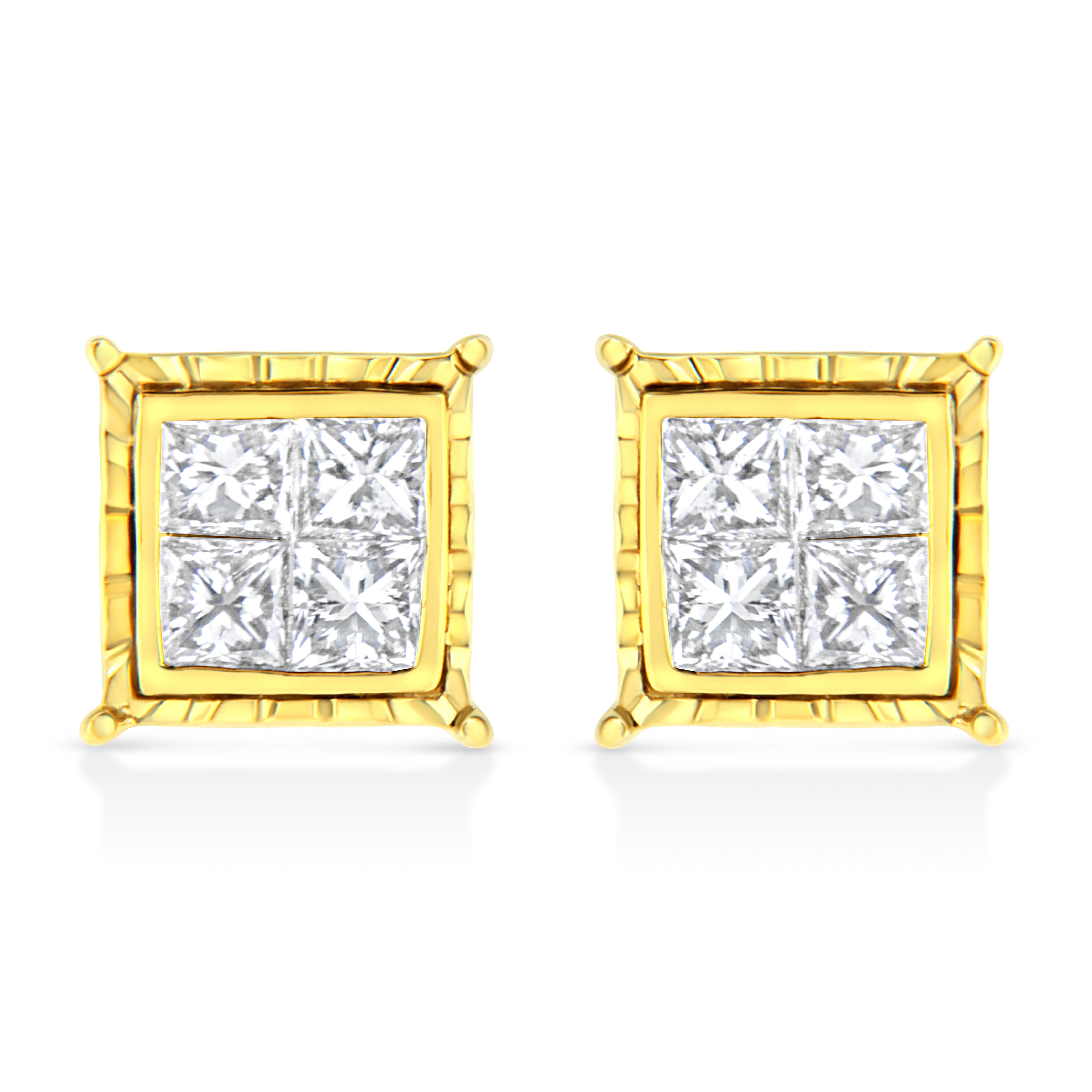14K Yellow Gold 1.0 Cttw Invisible Set Princess-Cut Diamond Composite 8 Stone Stud Earrings (I-J Color, Si1-Si2 Clarity)