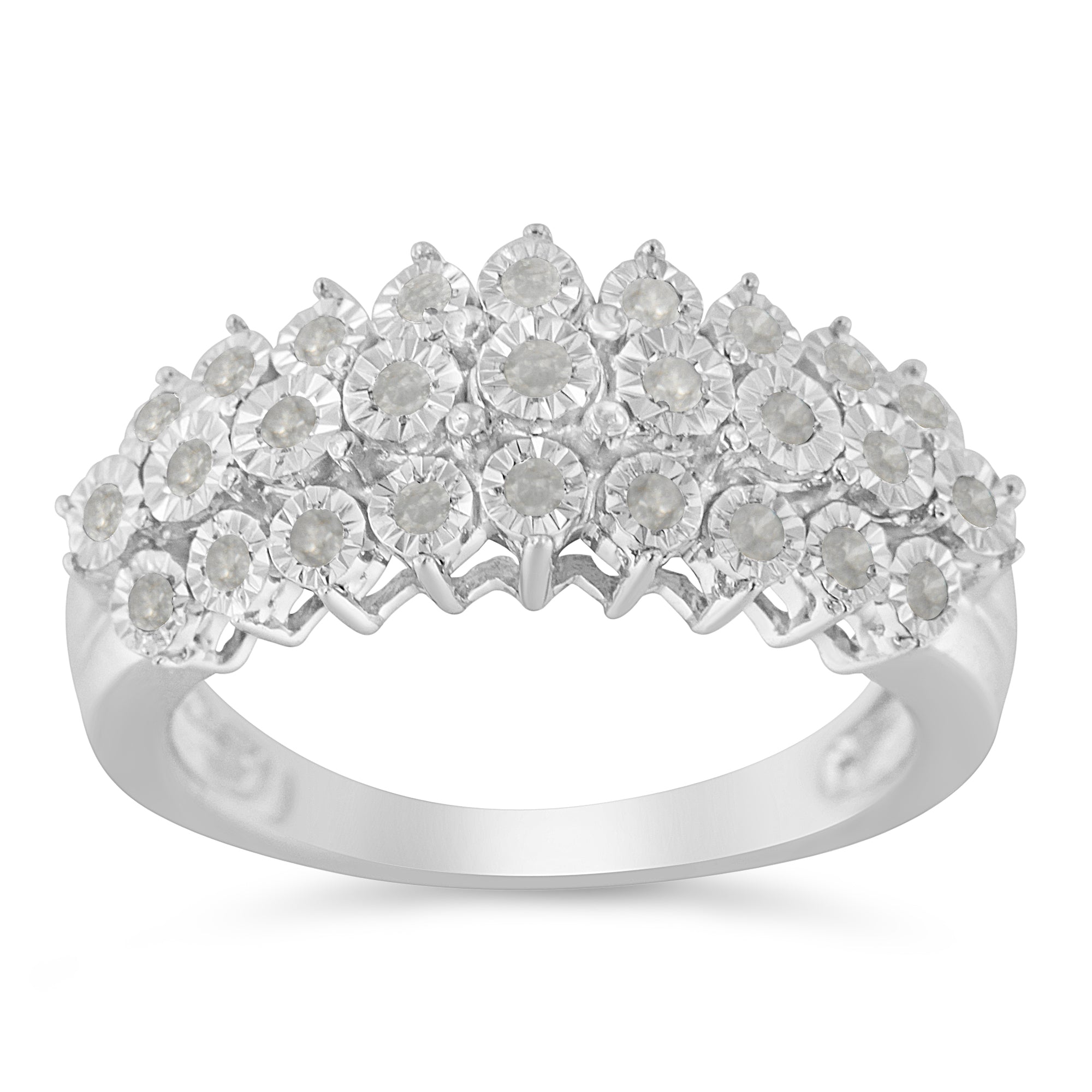 .925 Sterling Silver ¼ Cttw Miracle-Set Diamond Three Row Stair Stepped Fluted Modern Band Ring (I-J Color, I2-I3 Clarity) - Size 7-1/2