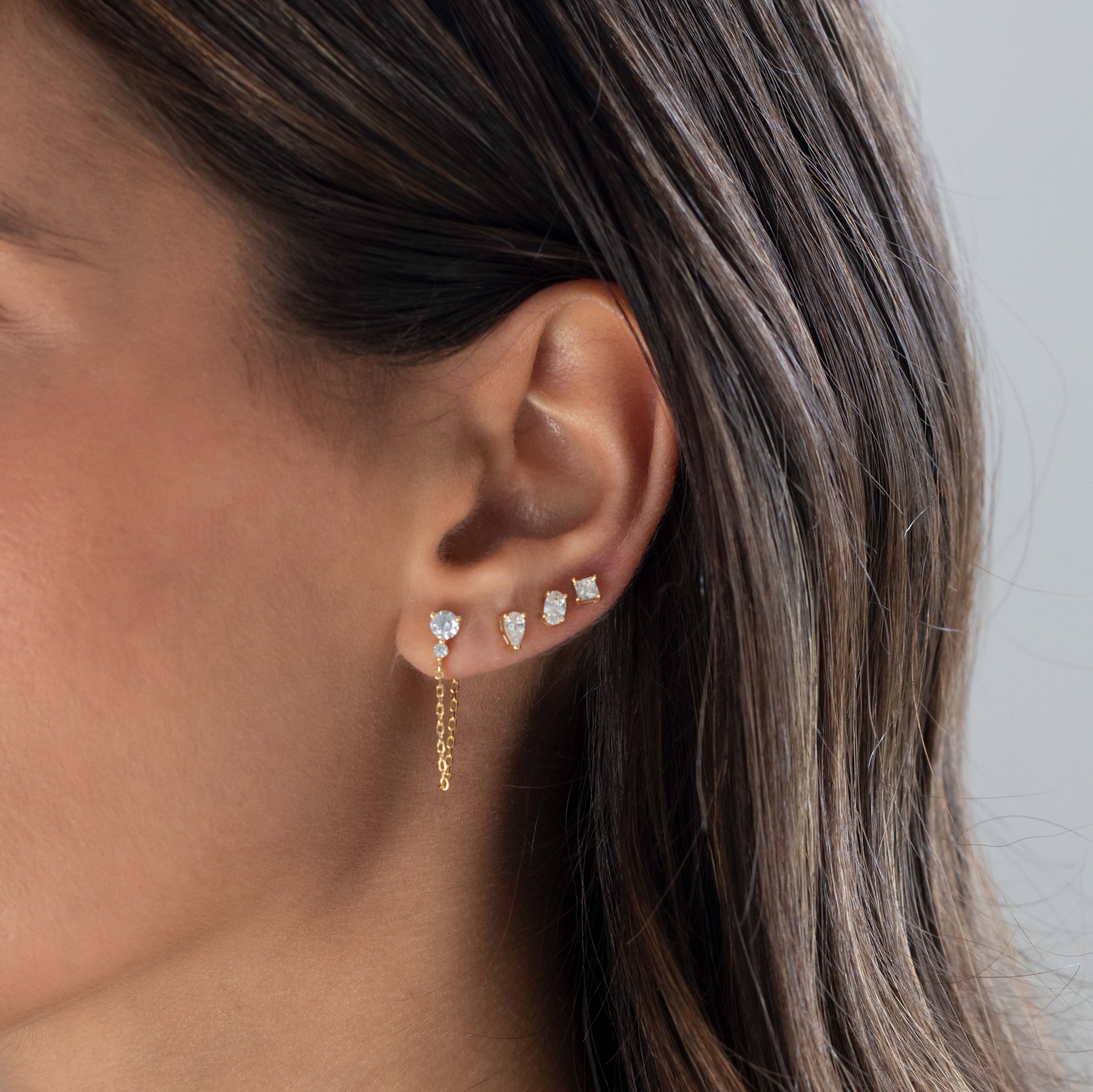 Double CZ Chain Front Back Stud Earring