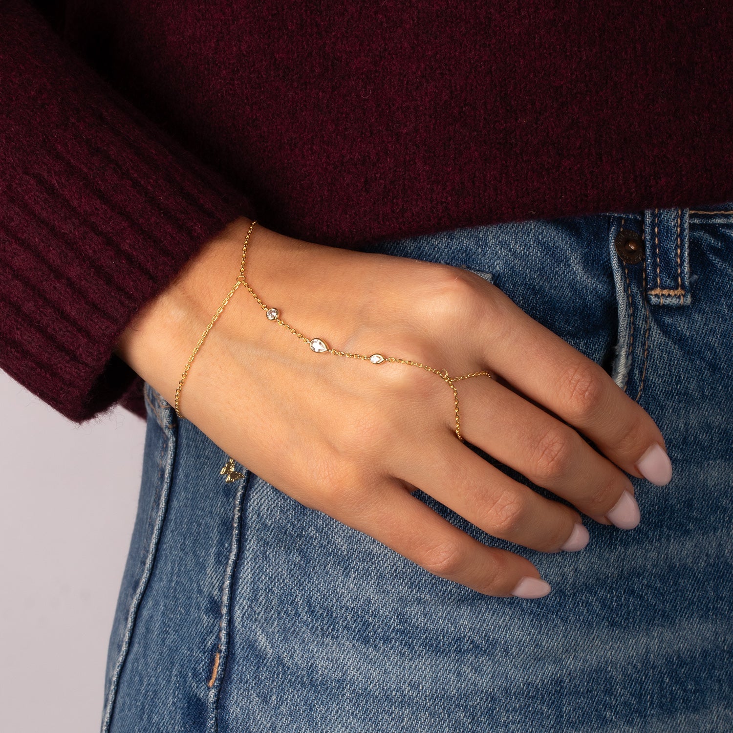 CZ Bezel Multi Shape Hand Chain Bracelet