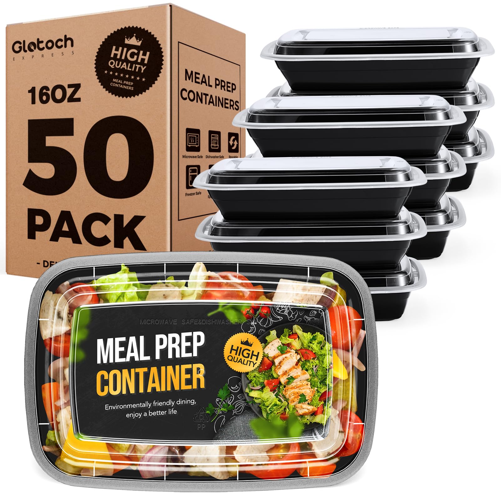 100-Piece (50-Pack) 24 OZ Meal Prep Containers Reusable with Lids, Sturdy Leakproof & Food Safe, Microwave, Freezer, Dishwasher Safe To Go Food Containers, Plastic Take Out Containers, Black