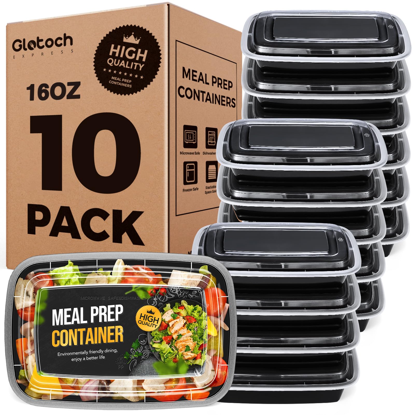 100-Piece (50-Pack) 24 OZ Meal Prep Containers Reusable with Lids, Sturdy Leakproof & Food Safe, Microwave, Freezer, Dishwasher Safe To Go Food Containers, Plastic Take Out Containers, Black
