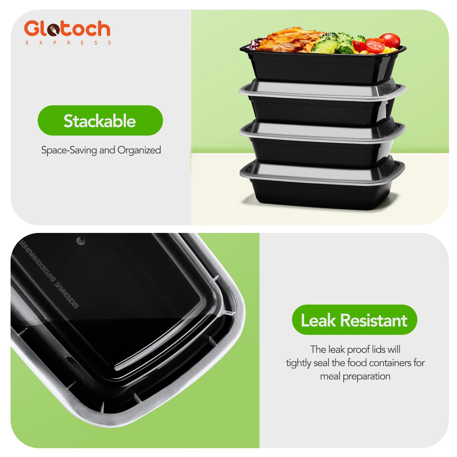 100-Piece (50-Pack) 24 OZ Meal Prep Containers Reusable with Lids, Sturdy Leakproof & Food Safe, Microwave, Freezer, Dishwasher Safe To Go Food Containers, Plastic Take Out Containers, Black