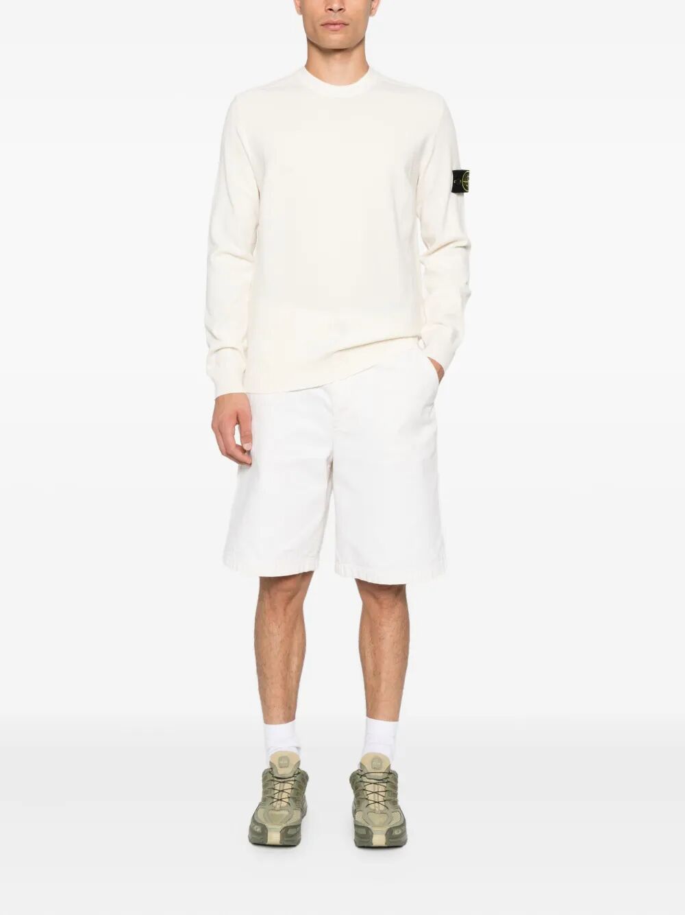 Stone Island Men Stretch Wool Crewneck Sweater With Reverse Stitch Details