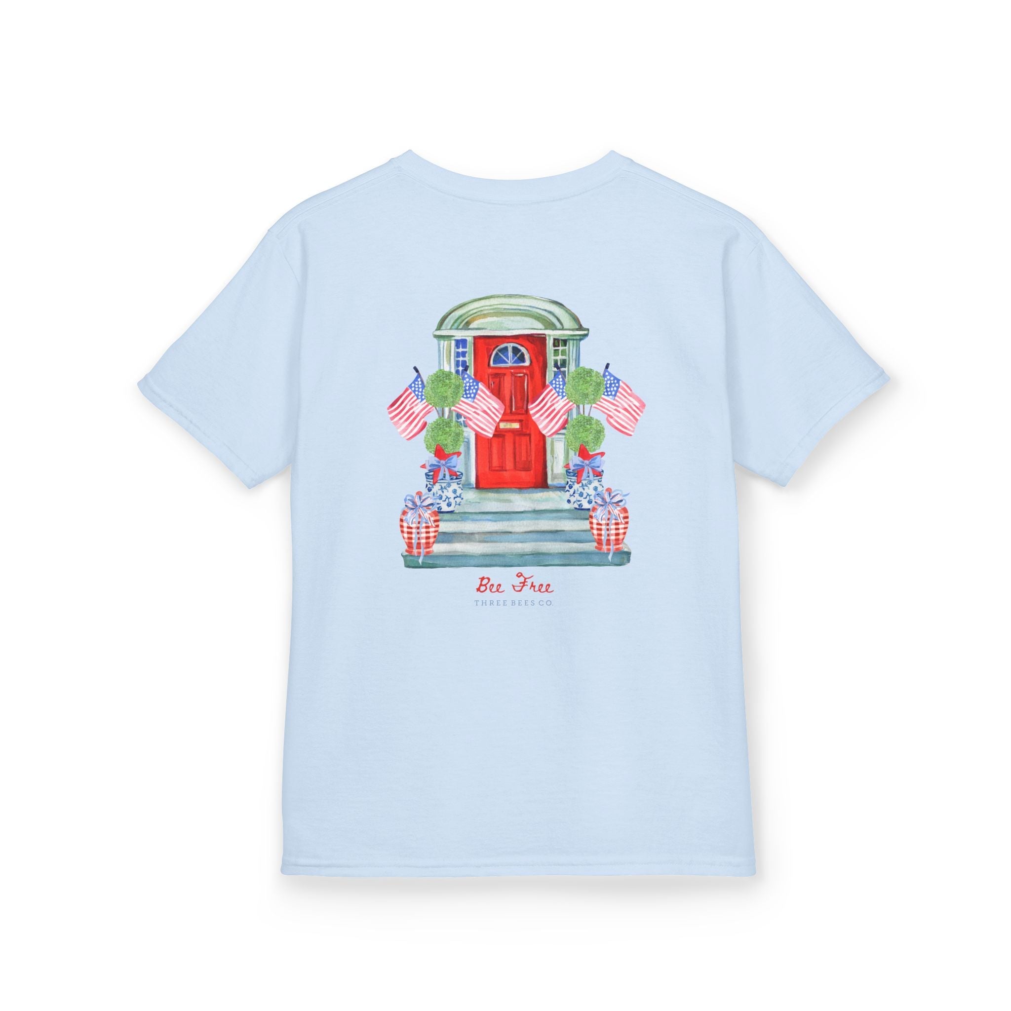 Bee Free Patriotic American Flag Front Porch Girls Short Sleeve Youth Hive Tee