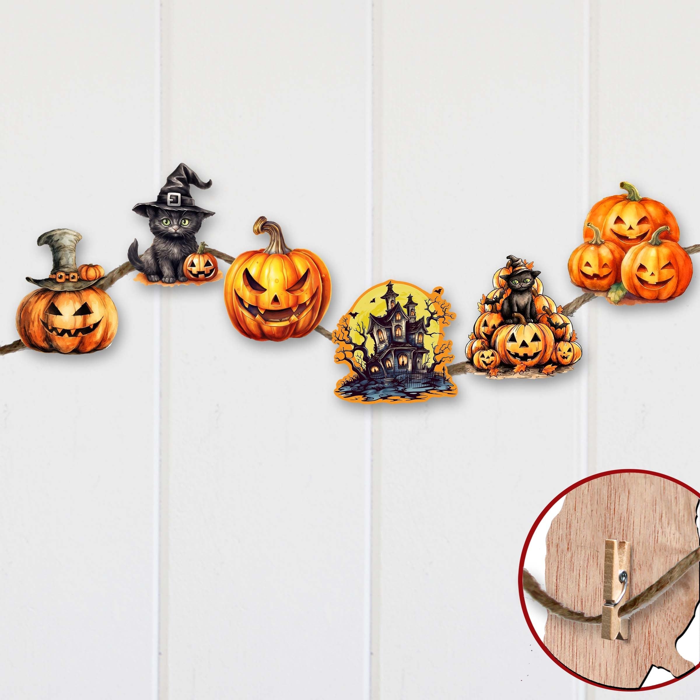Spooky pumpkins Decorative Wooden Clip-on Ornaments of 6 by G. Debrekht - Halloween Decor - 8090019C-S6