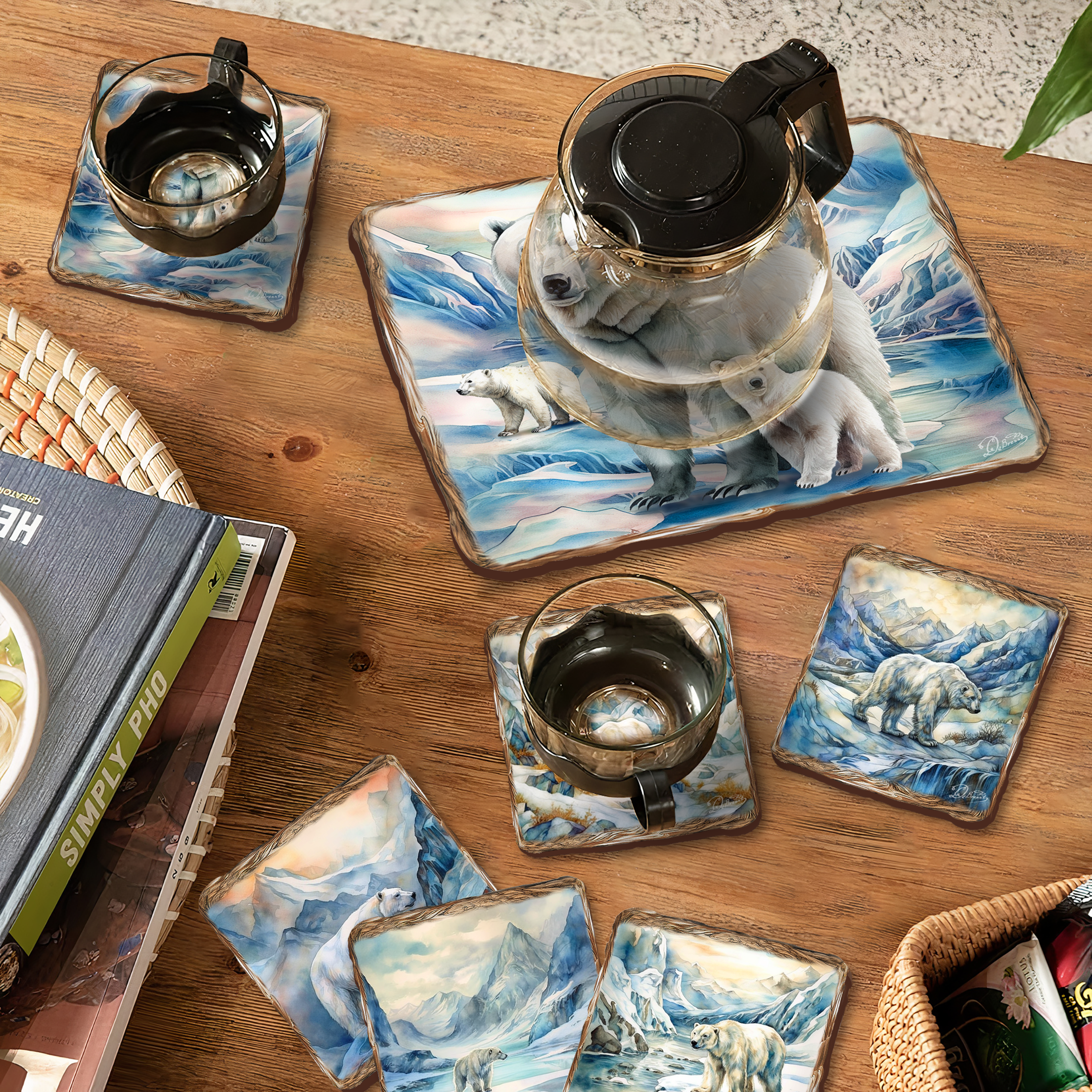 Polar Bear Wooden Cork Placemat and Coasters Gift Set of 7 by Nature Wonders Nature Wildlife Decor - 85404C-S7