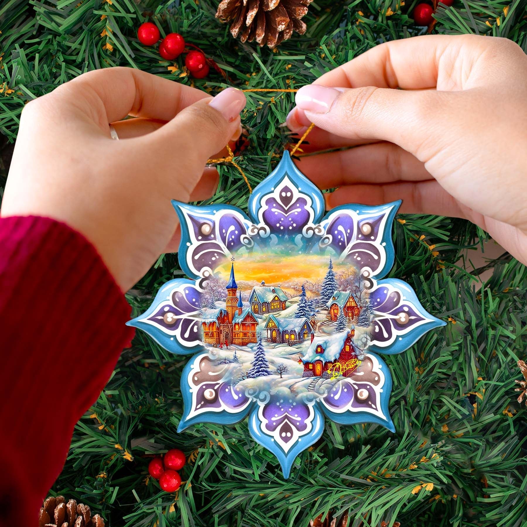 Christmas Village Snowflake Wooden Ornaments by G. Debrekht - Christmas Decor - 8688417