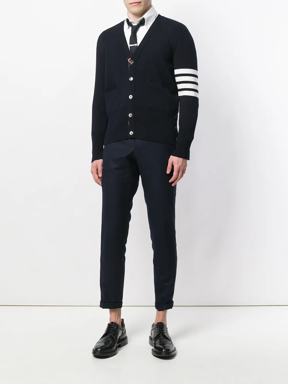 Thom Browne Men Milano Stitch V Neck Cardigan With 4 Bar In Fine Merino Wool