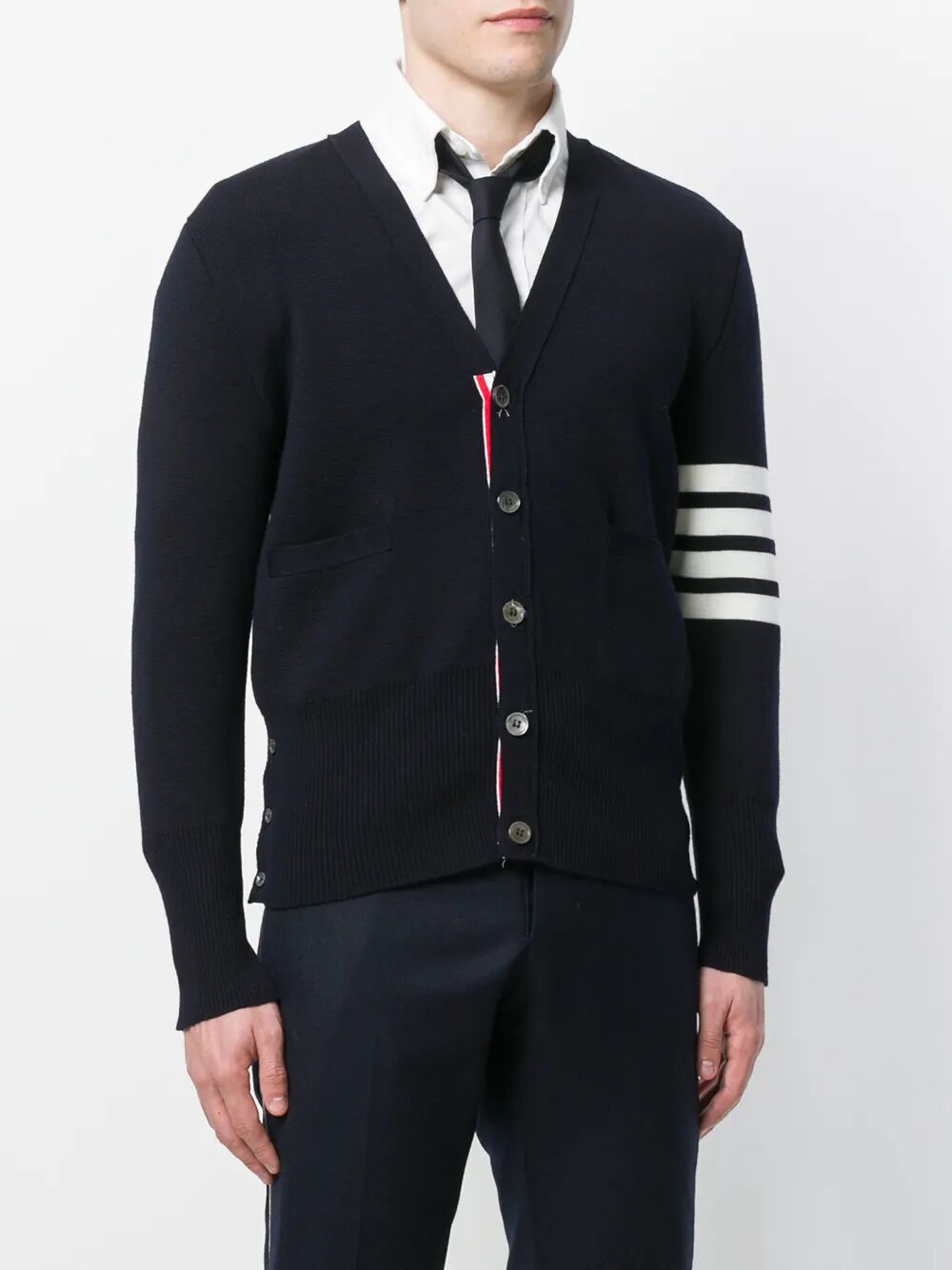 Thom Browne Men Milano Stitch V Neck Cardigan With 4 Bar In Fine Merino Wool