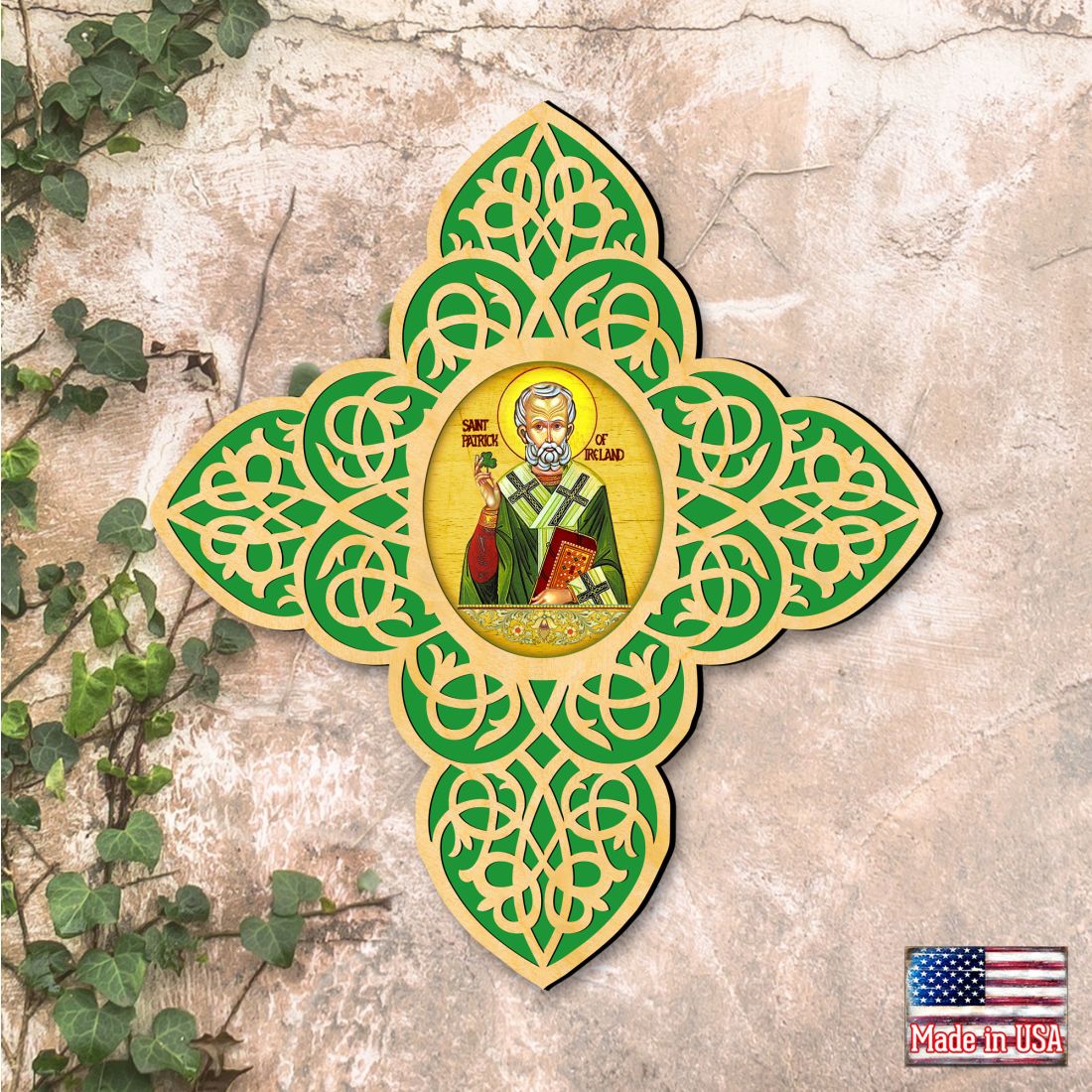 Saint Patrick Filigree Wooden Cross by Museum Icons - Celtic Decor - 88460