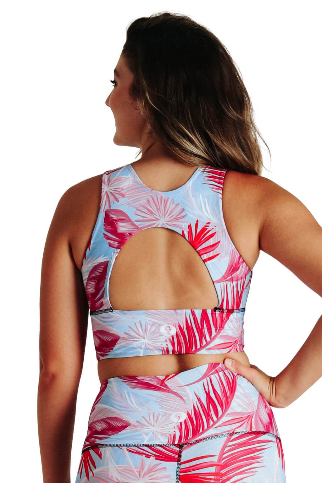 Yoga Democracy Women's Eco-friendly Free Range yoga sports Bra in Hot Tropic print Flamingo Pink and baby blue colors made in the USA from post consumer recycled plastic