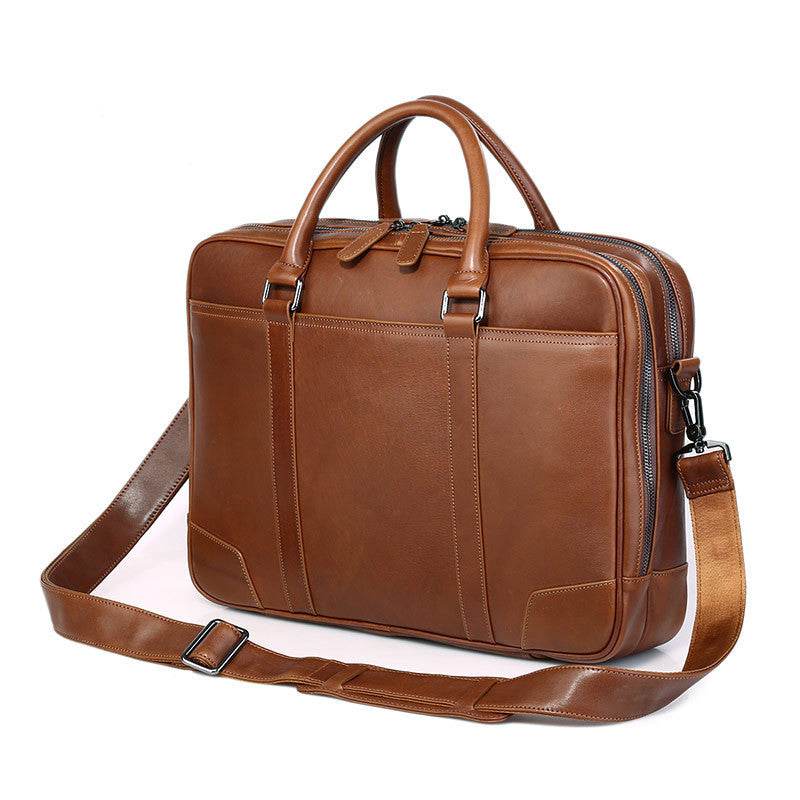 Double-Layer Zipper Bag With Tree Cream Leather Briefcase
