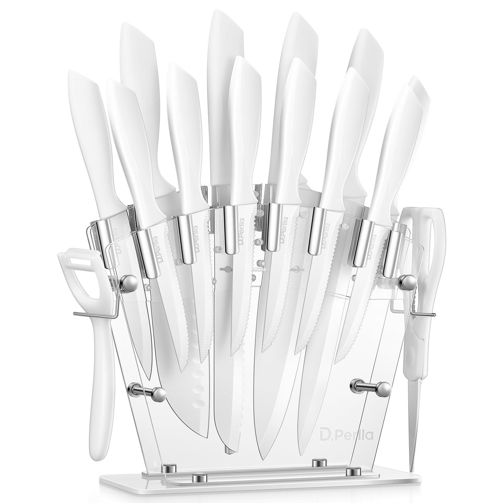 D.Perlla Knife Set 16 Pieces White Kitchen Knife Set with Acrylic Stand, High Carbon Stainless Steel, Non Stick Coated Knife Block Set, No Rust, Non Slip Handle, Sharp Knife
