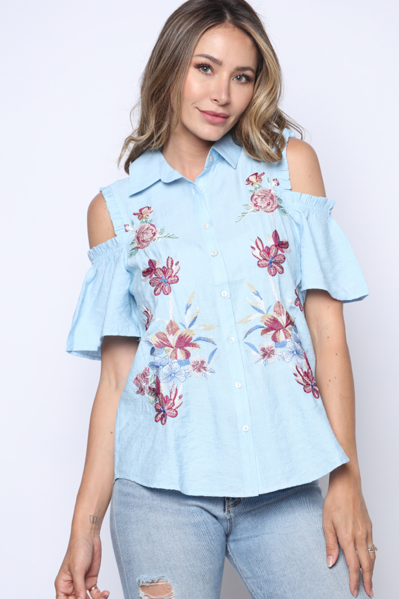 Button down cold shoulder embroidere