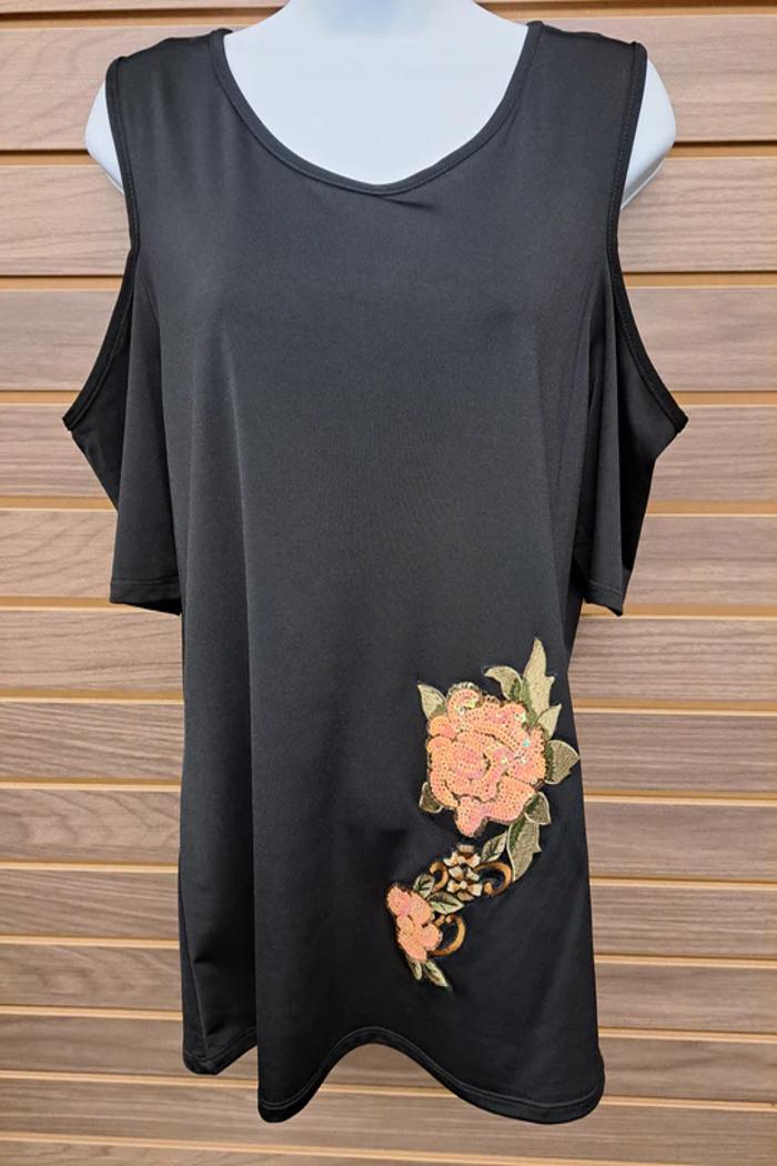 Sequined Embroidered Black Cold Shoulder Top