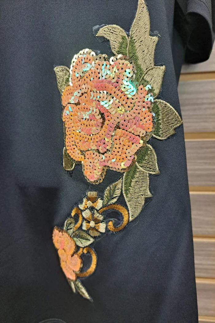 Sequined Embroidered Black Cold Shoulder Top