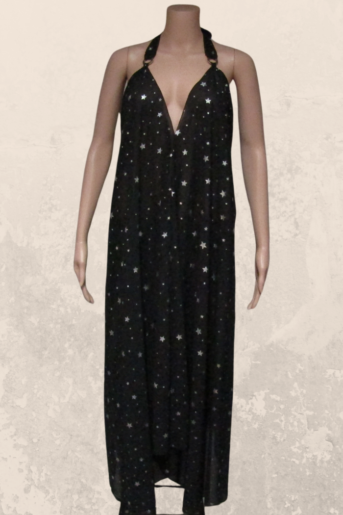 Sheer Halter Style CoverUp-Dress in a Silver Stars on Black Print