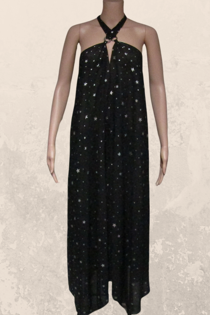 Sheer Halter Style CoverUp-Dress in a Silver Stars on Black Print