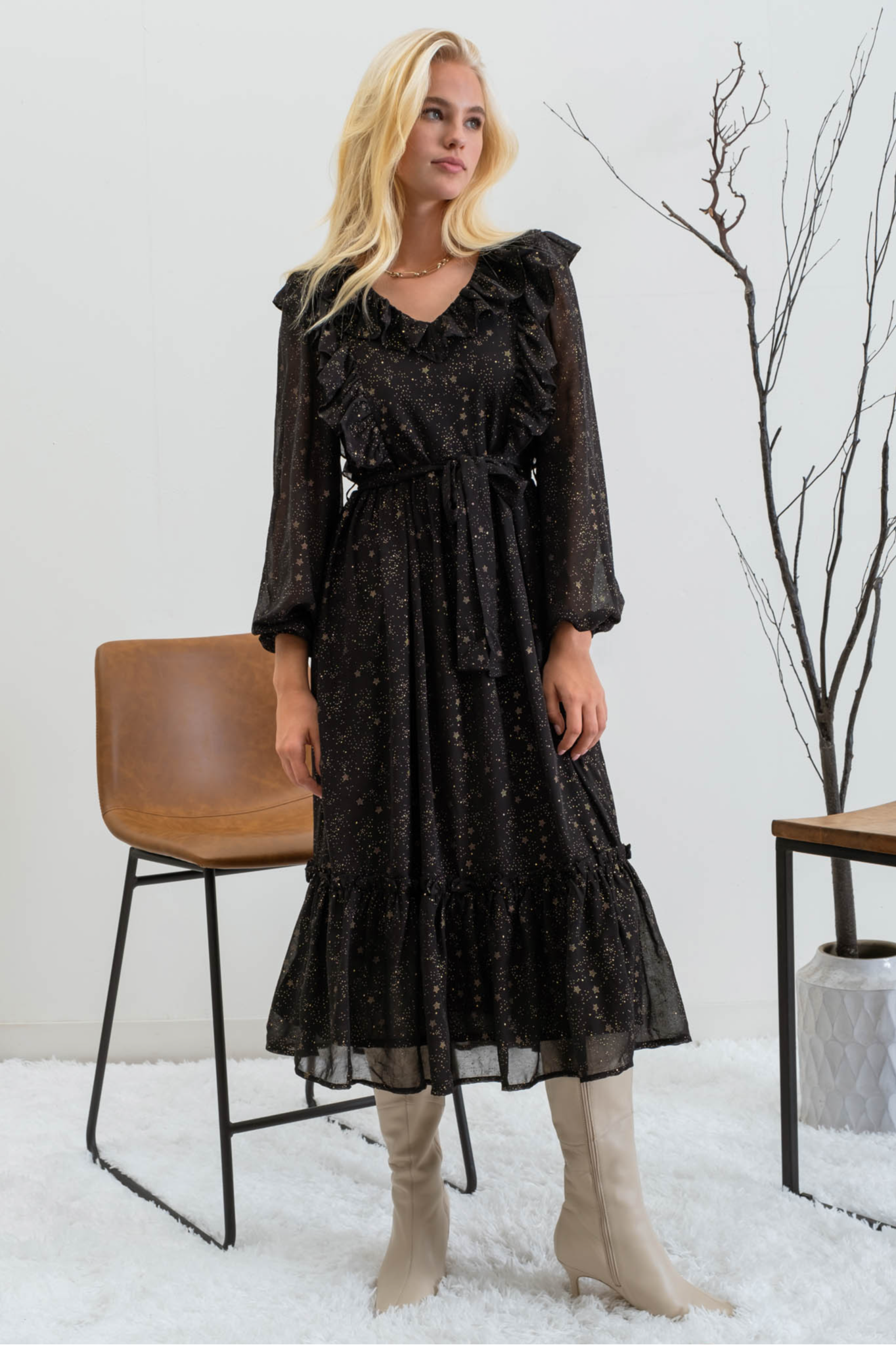 Shirred Chiffon Ruffle Midi Dress