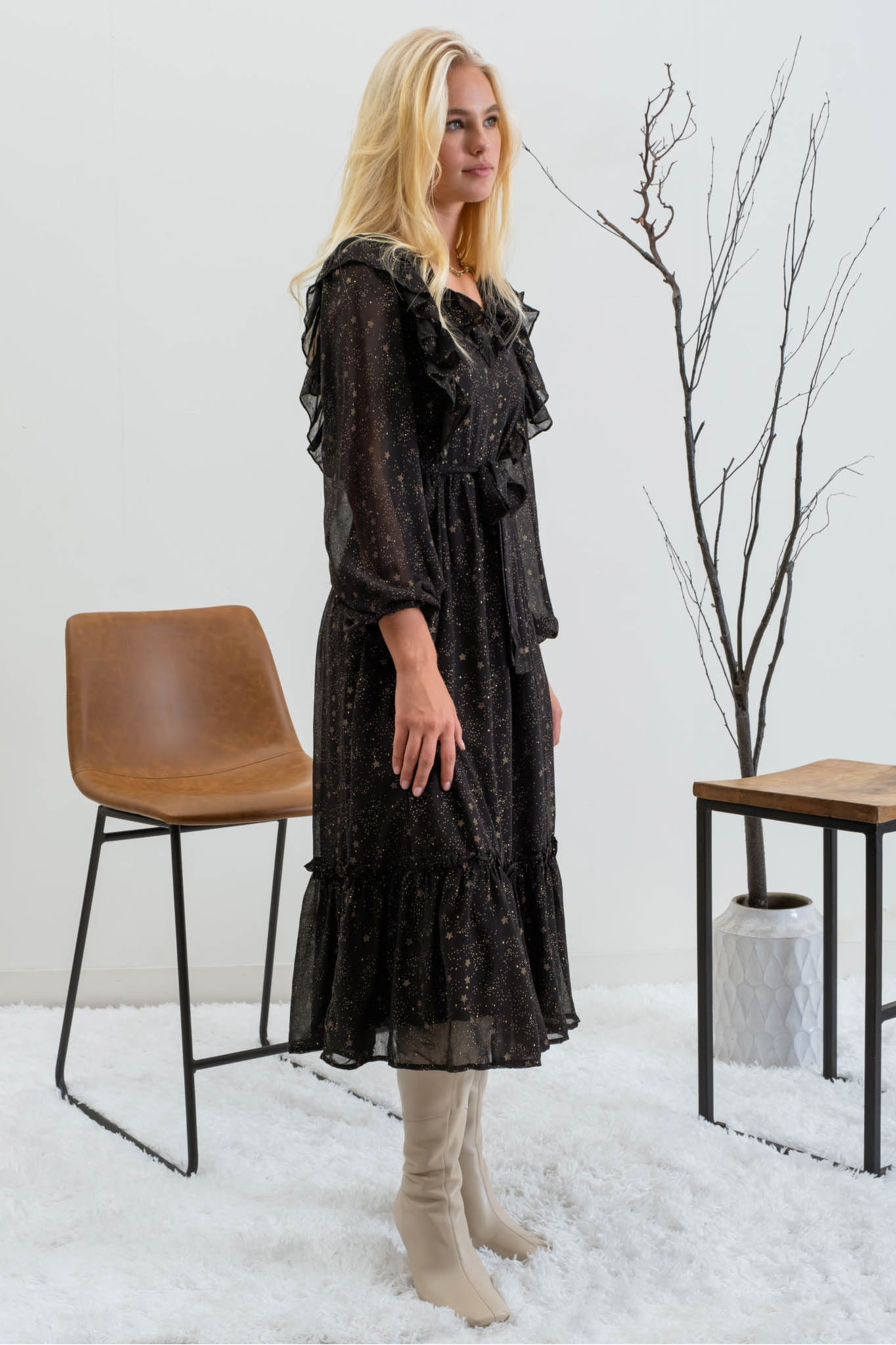 Shirred Chiffon Ruffle Midi Dress