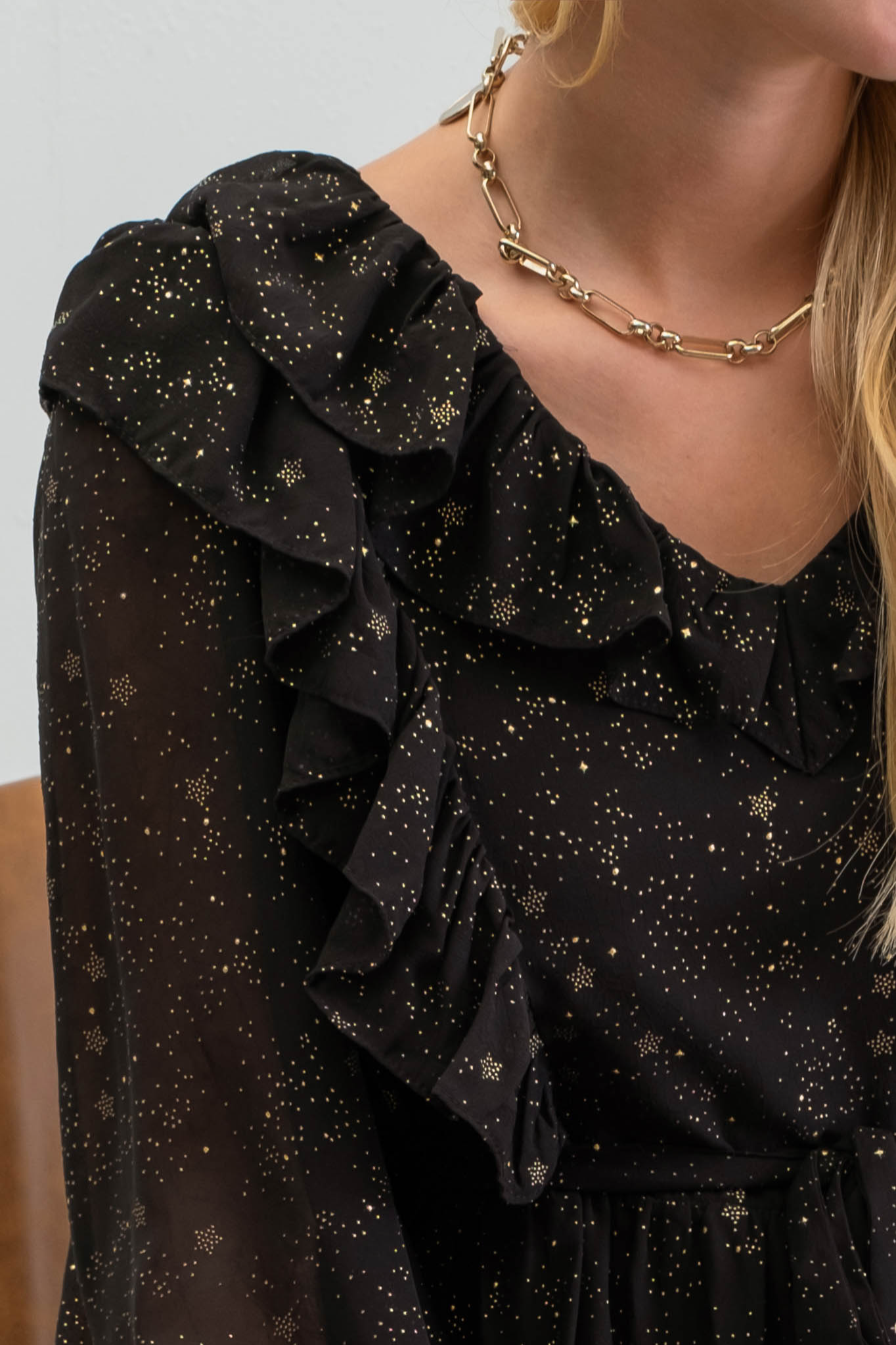 Shirred Chiffon Ruffle Midi Dress