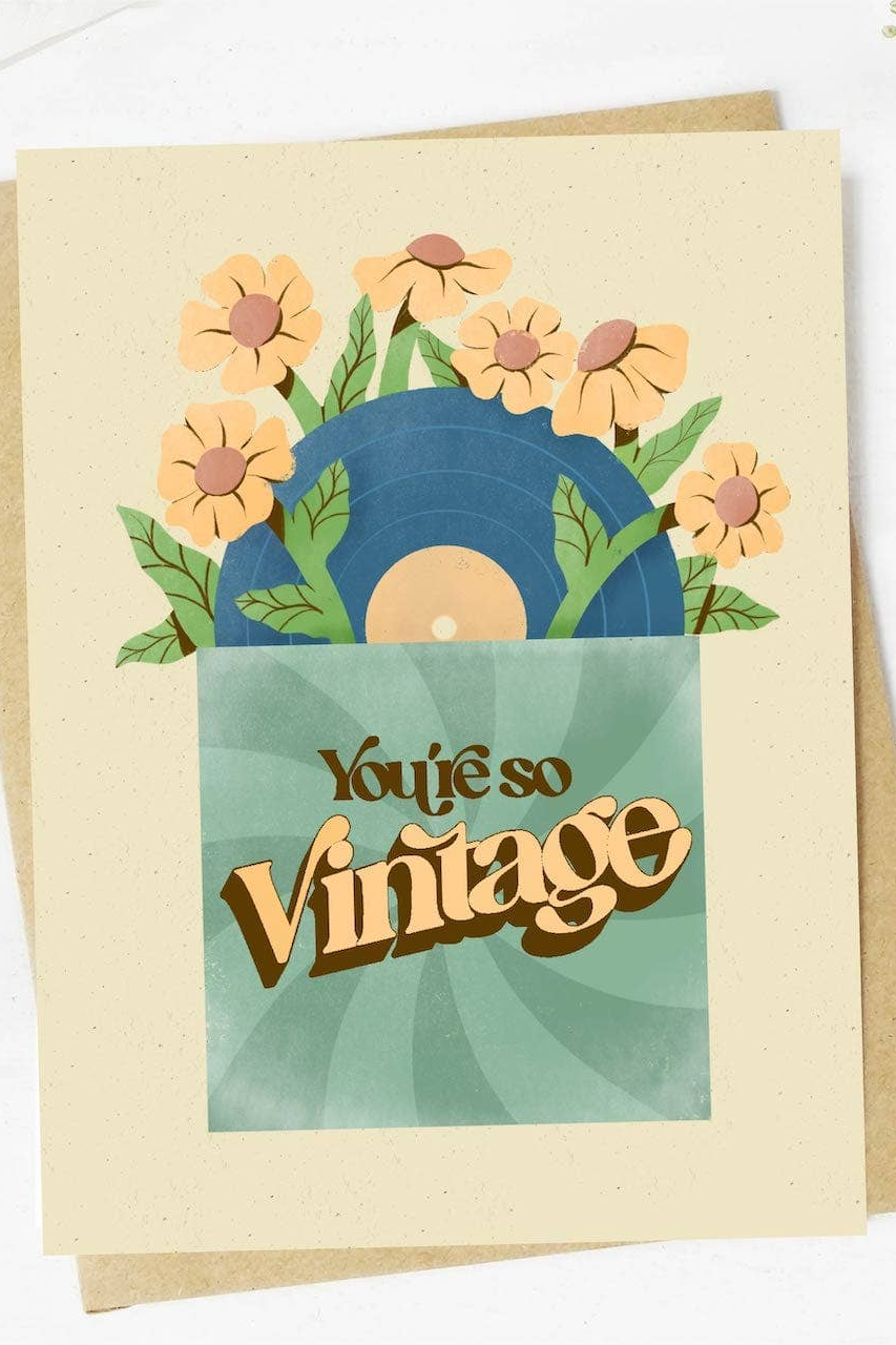 "you're so vintage" record birthday card