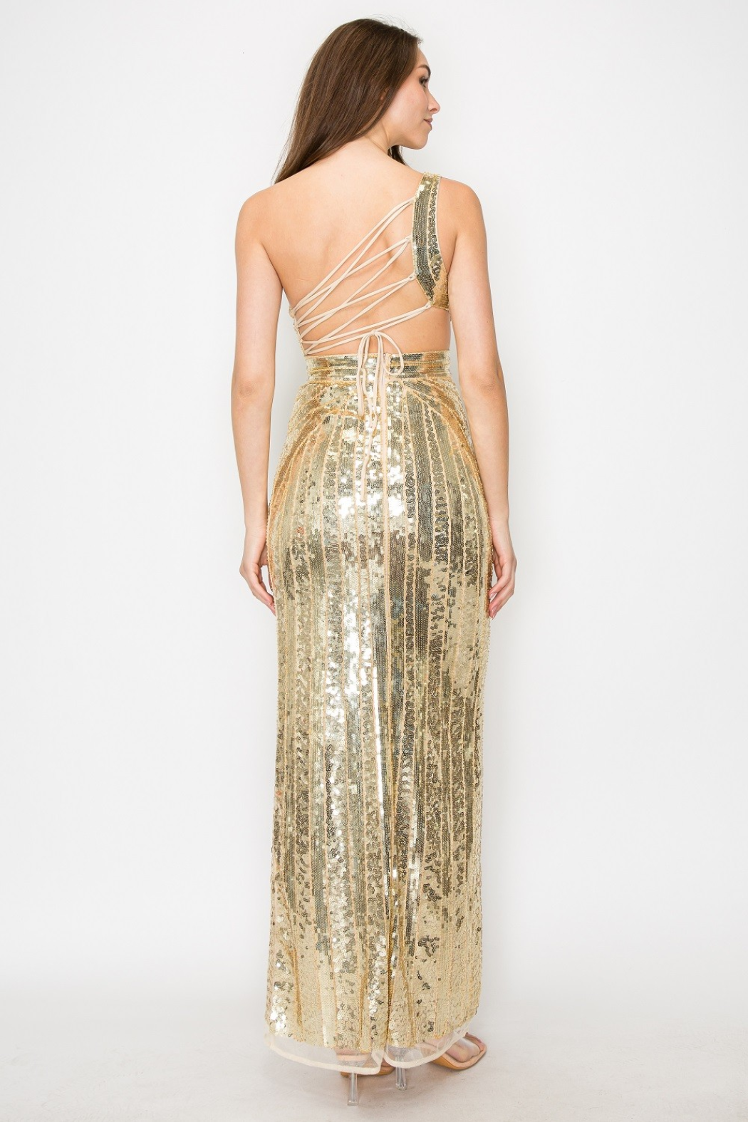 Sequin One Shoulder Corset Gown