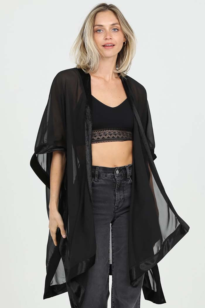 Sheer Kimono With Velvet Trim