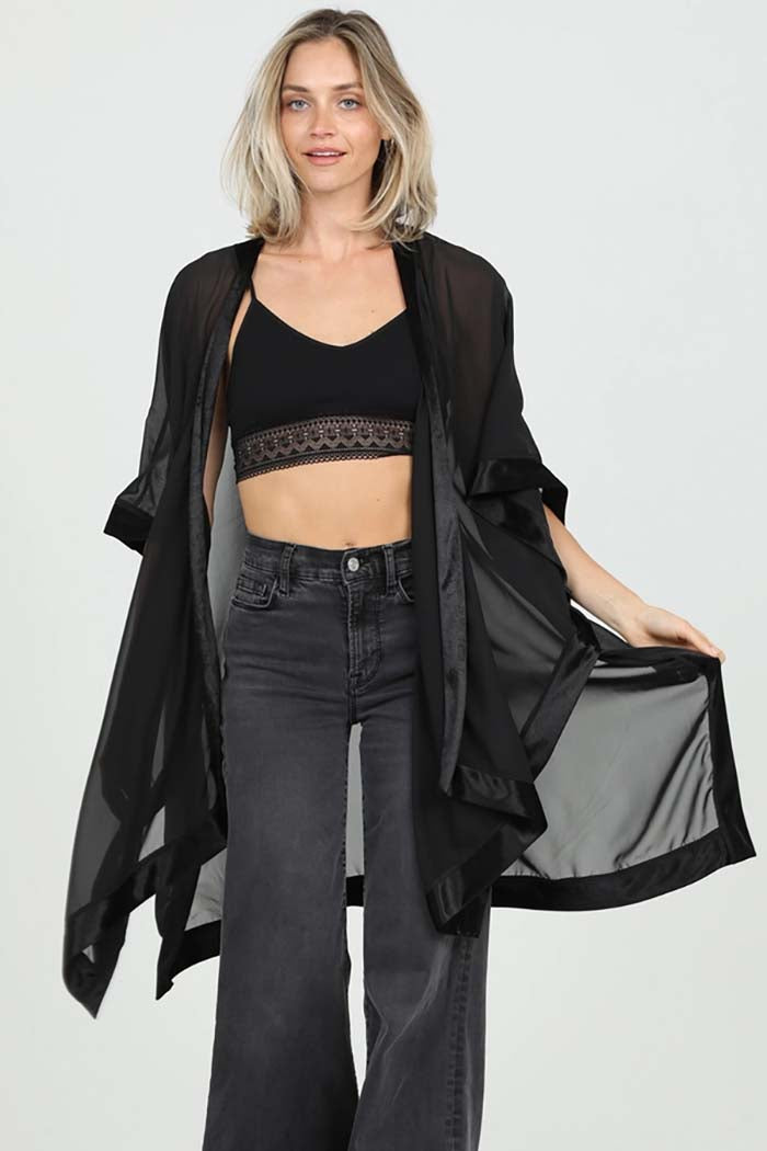 Sheer Kimono With Velvet Trim