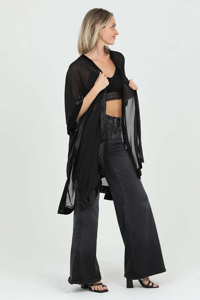 Sheer Kimono With Velvet Trim