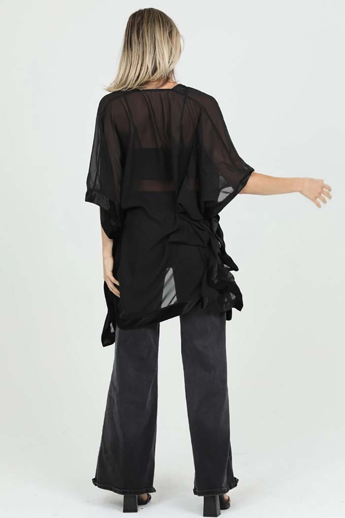 Sheer Kimono With Velvet Trim