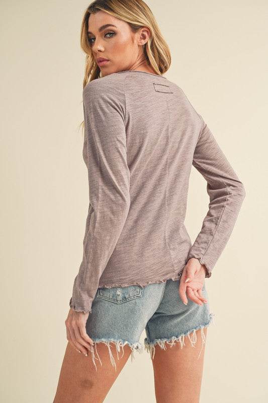 Aemi + Co Lettuce Hemline Round Neck Raglan Sleeve T-Shirt