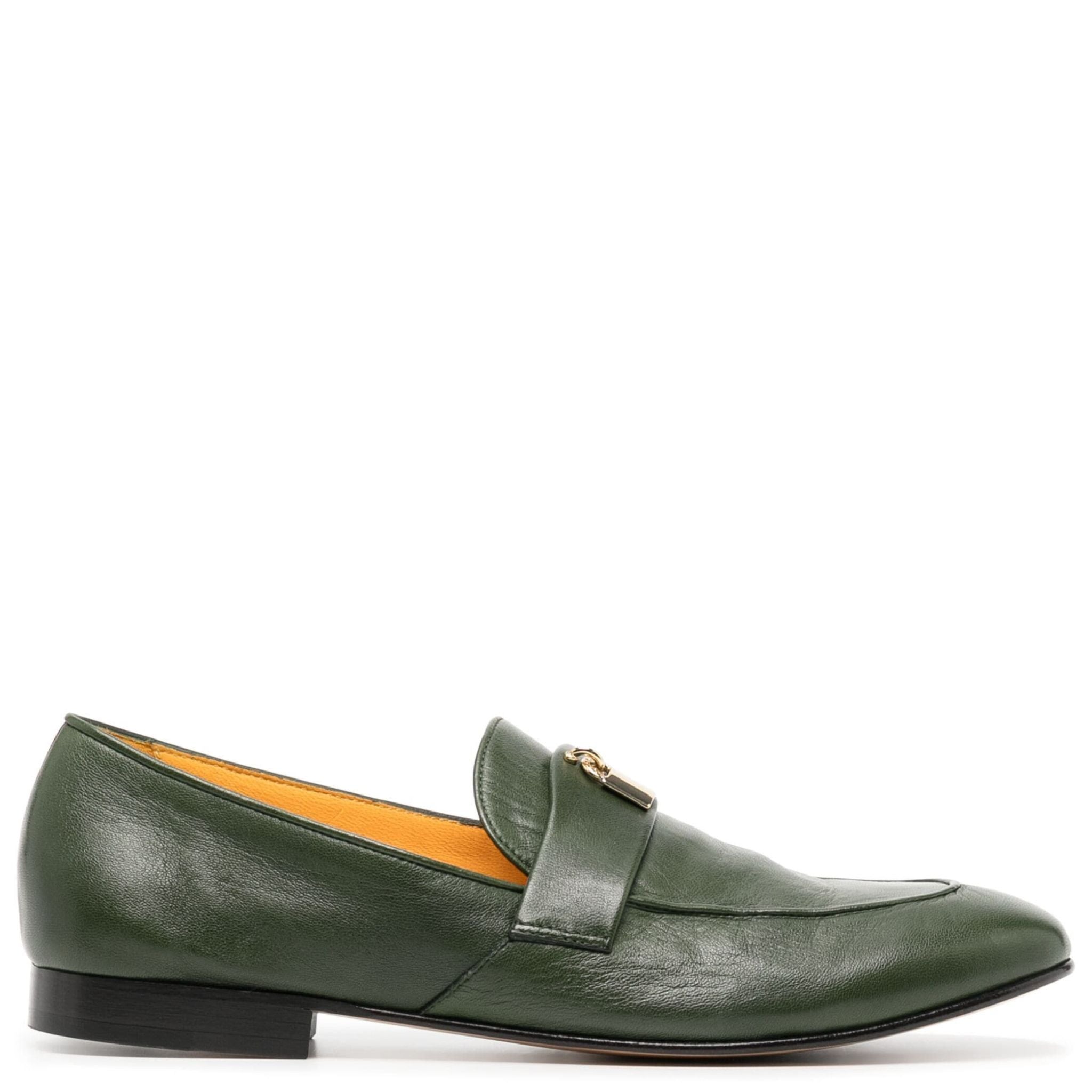 Green Leather Lock Flat Loafer