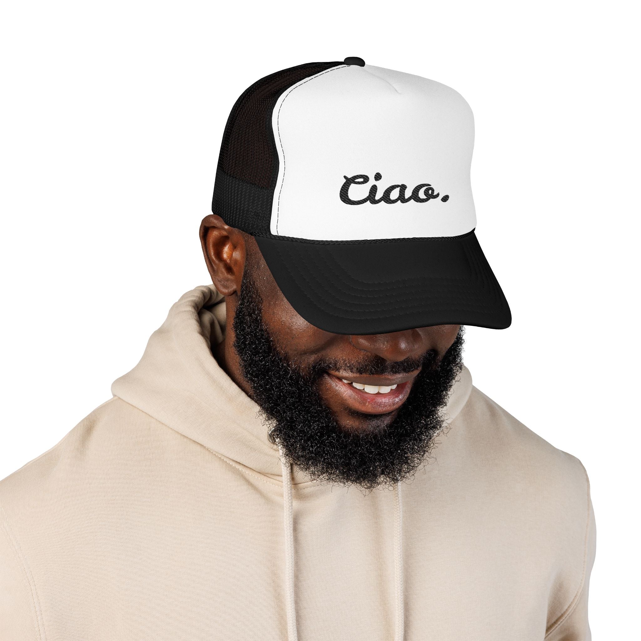 Ciao in Black Embroidered Foam Trucker Otto Hat - Summer Vibe Accessory