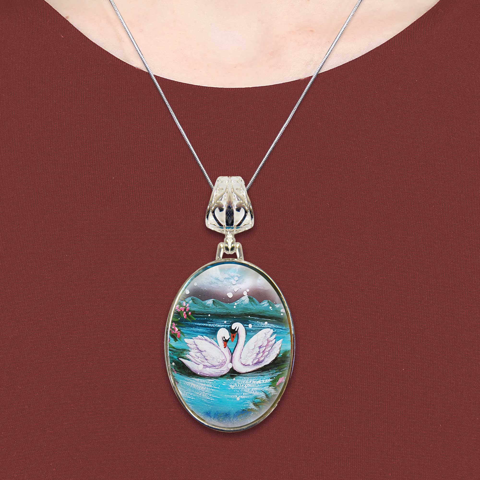 Swans in Love Silver Plated Mother of Pearl Jewelry Pendant Necklace - 44020
